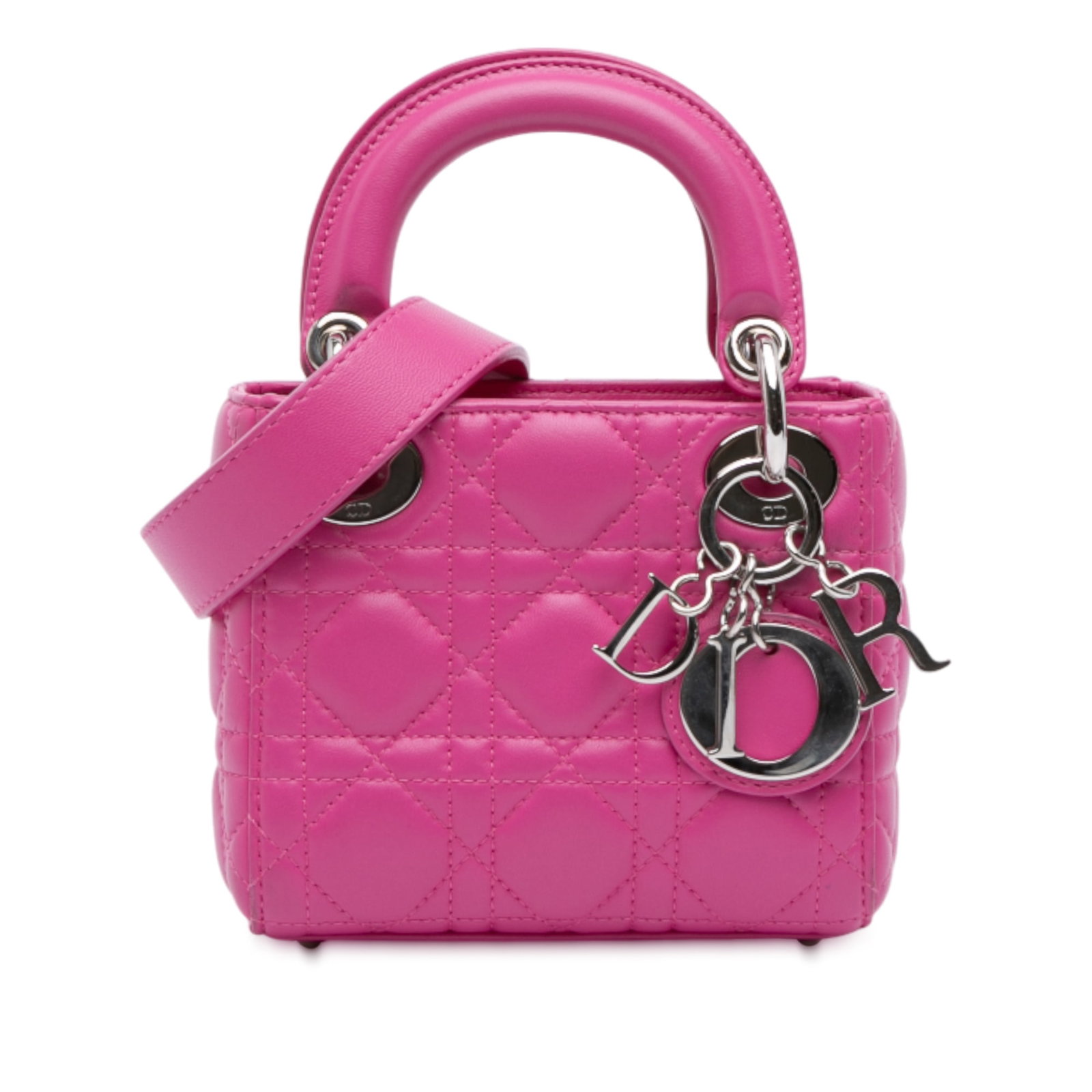 Dior Mini Lambskin Cannage Lady Dior Pink Bag: Dior Mini Lambskin Cannage Lady Dior Pink Bag The Mini Lady Dior is an elegant handbag crafted from quilted lambskin leather, featuring a chic pink hue. It showcases silver-tone hardware, flat leather