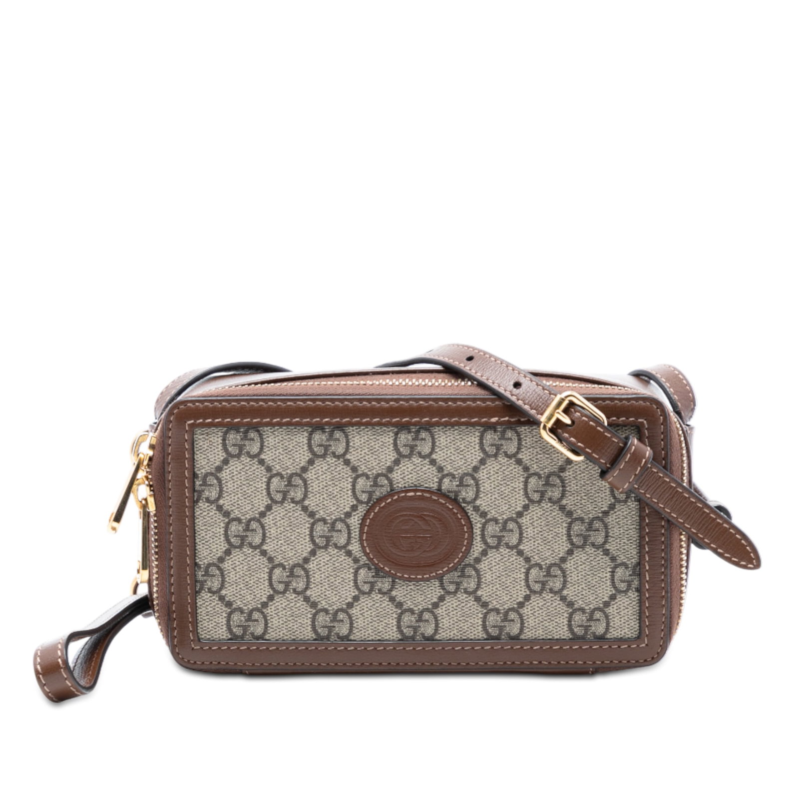 Gucci GG Supreme Beige Canvas Crossbody Bag with Leather Trim: Gucci GG Supreme Beige Canvas Crossbody Bag with Leather Trim This Gucci GG Supreme Interlocking G Crossbody bag features a coated canvas exterior with leather trim, a flat leather strap, dual zip-aro