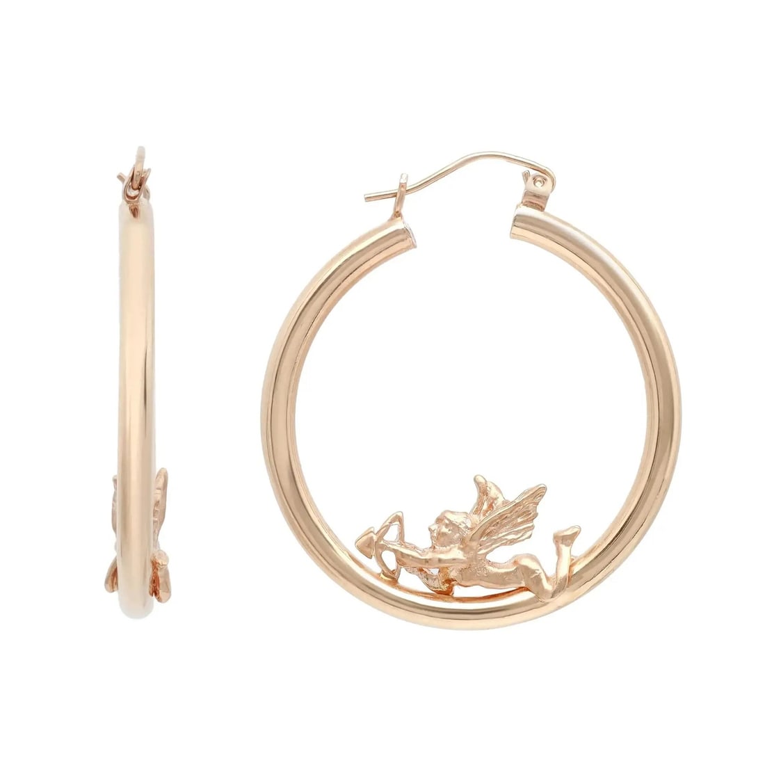 Rachel Koen 14K Yellow Gold Cupid Angel Round Hoop Earrings: Rachel Koen 14K Yellow Gold Cupid Angel Round Hoop Earrings Elevate your accessory collection with these exquisite Rachel Koen Cupid Angel Hollow Round Hoop Earrings, crafted from luxurious 14K yellow