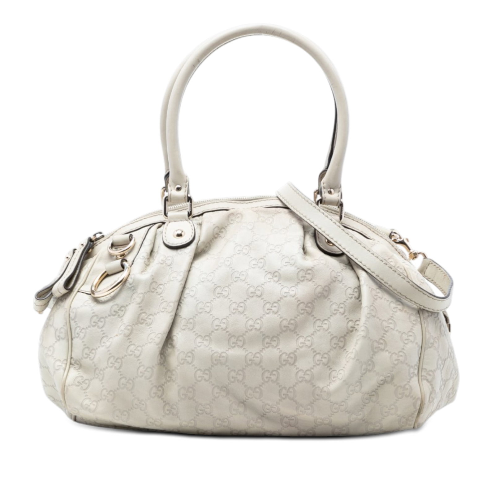 Gucci Guccissima Sukey White Embossed Leather Satchel with Shoulder Strap: Gucci Guccissima Sukey White Embossed Leather Satchel with Shoulder Strap The Guccissima Sukey Satchel features an embossed leather exterior in white, rolled leather top handles, a detachable flat lea