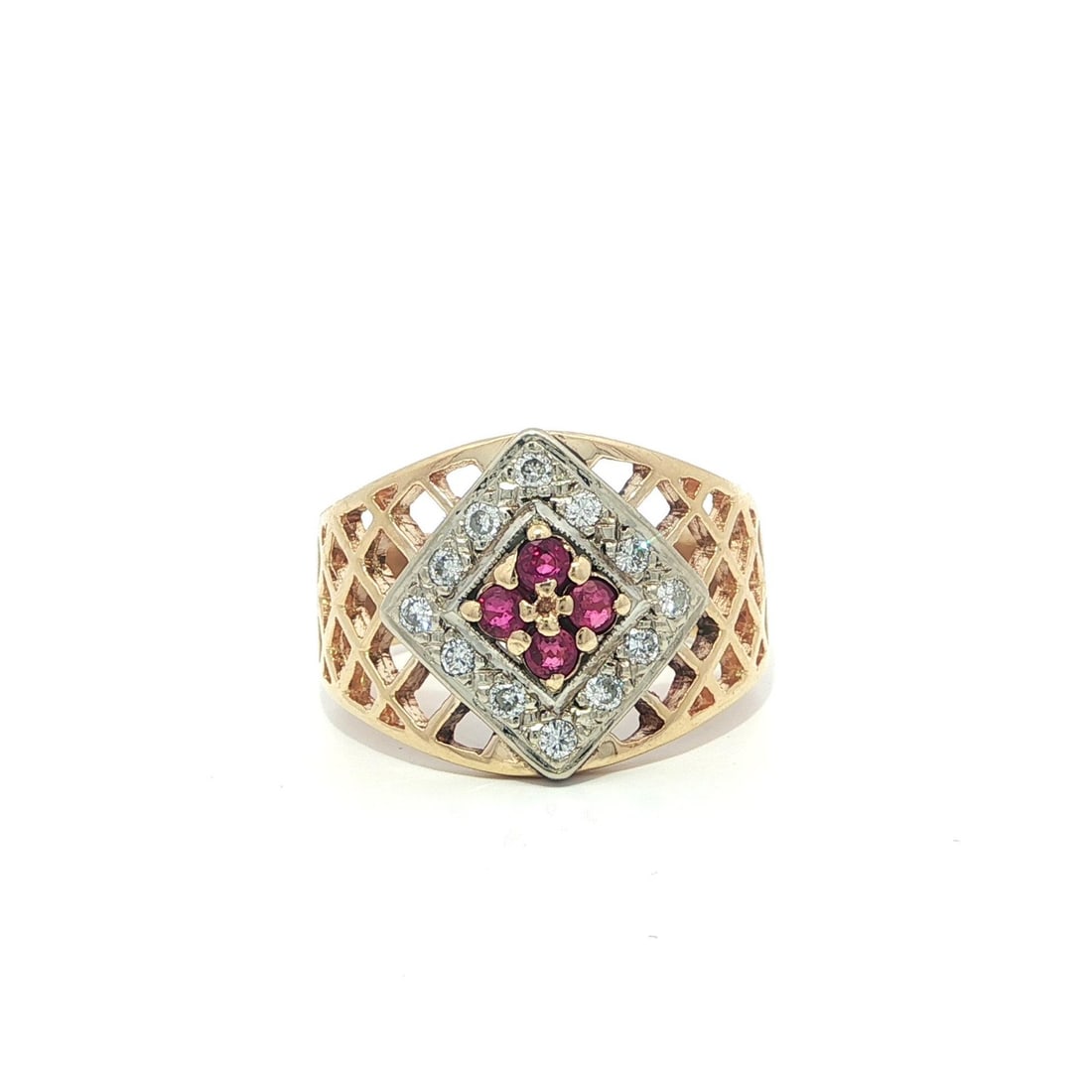 Wide Vintage 14k Yellow Gold Band Ring With Diamonds and Rubies Size 7: Wide Vintage 14k Yellow Gold Band Ring With Diamonds and Rubies Size 7 This vintage wide band ring features an open pattern design crafted from solid 14k yellow and white gold. The ring is set with ap