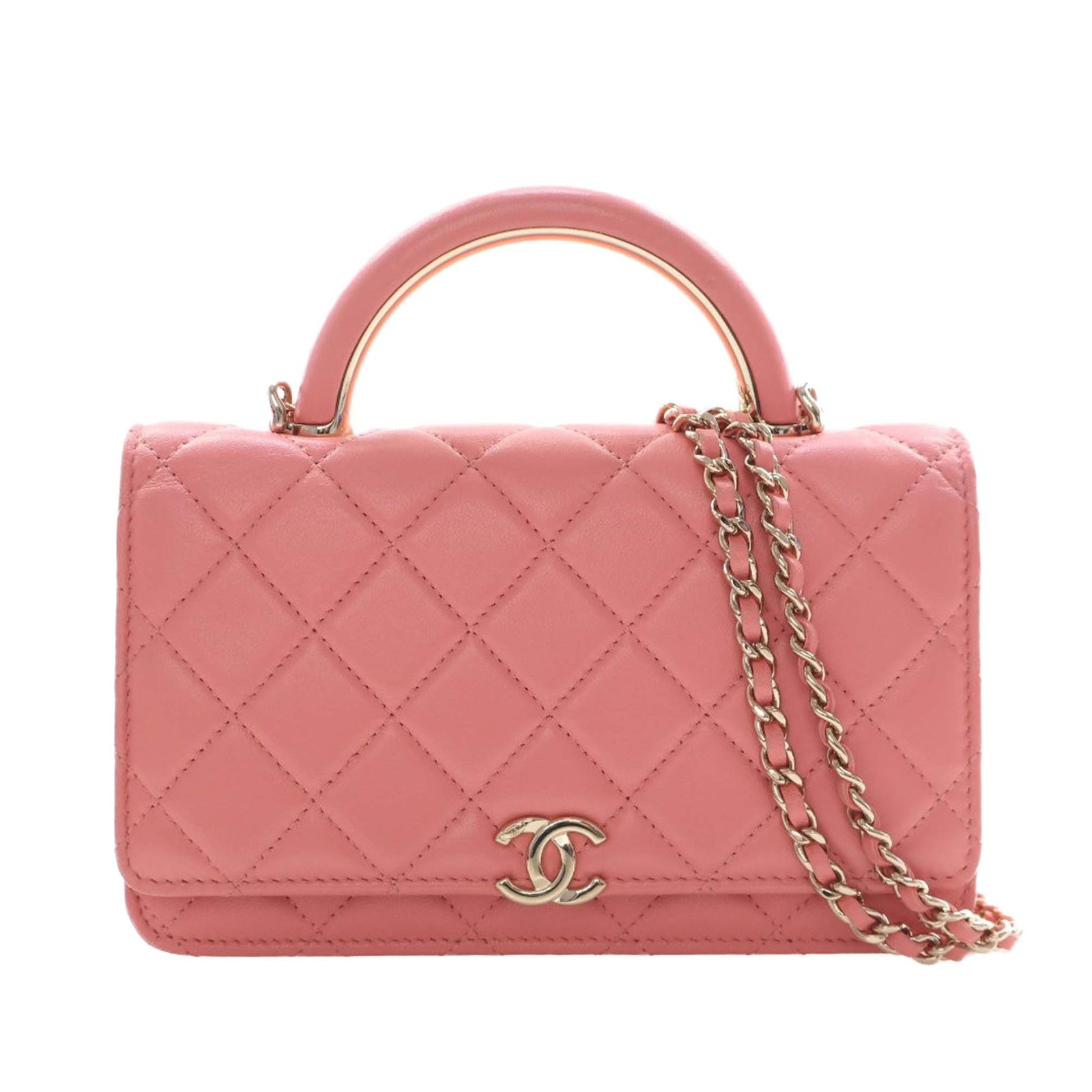 Chanel pink quilted lambskin satchel with top handle: Chanel pink quilted lambskin satchel with top handle This Chanel CC Quilted Lambskin Top Handle Flap satchel showcases a luxurious quilted lambskin leather exterior in pink. The design features a roll