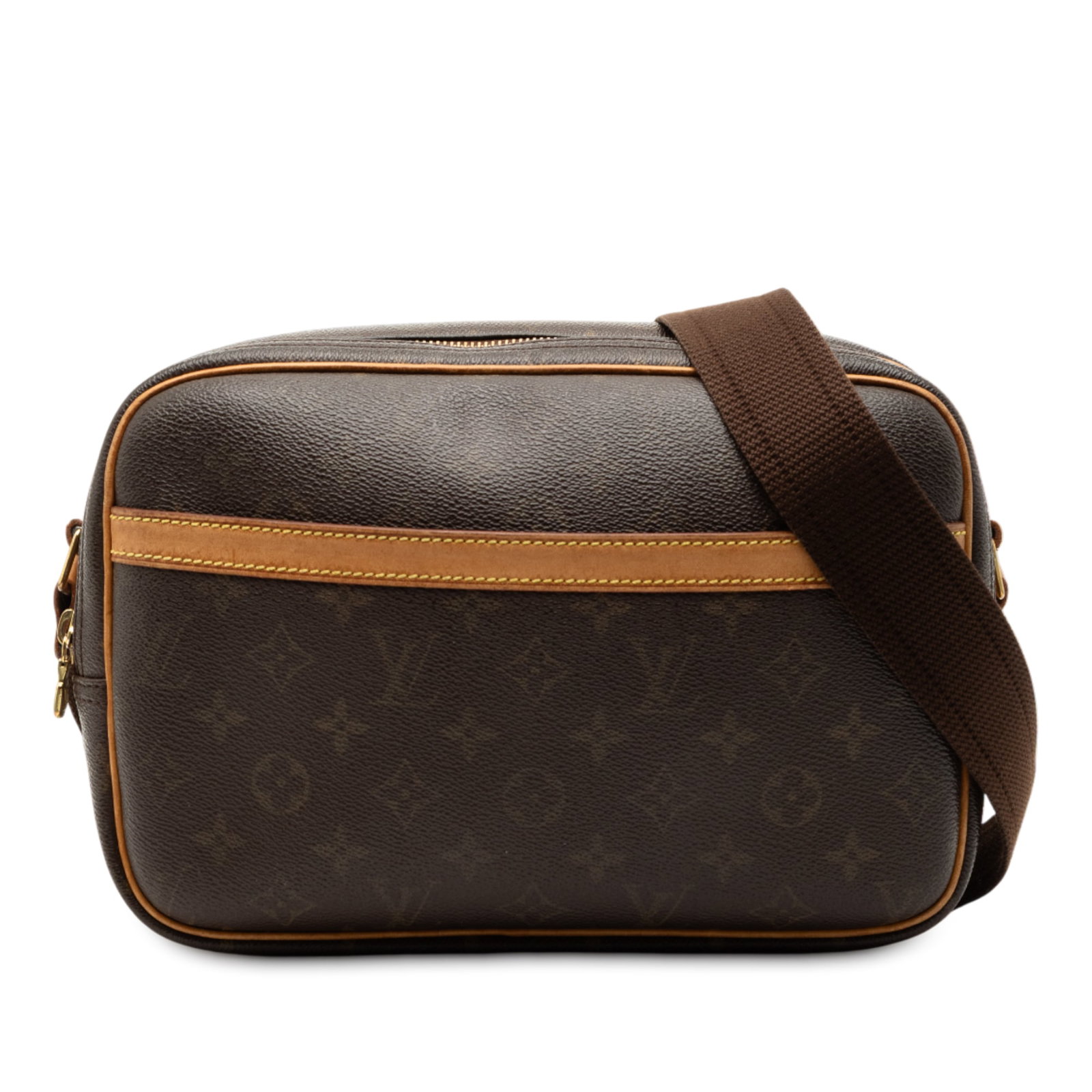 Monogram Reporter PM Shoulder Bag by Louis Vuitton with Dual Zip Compartments: Monogram Reporter PM Shoulder Bag by Louis Vuitton with Dual Zip Compartments This Louis Vuitton Monogram Reporter PM features the iconic monogram canvas with leather trim, an adjustable flat strap, a