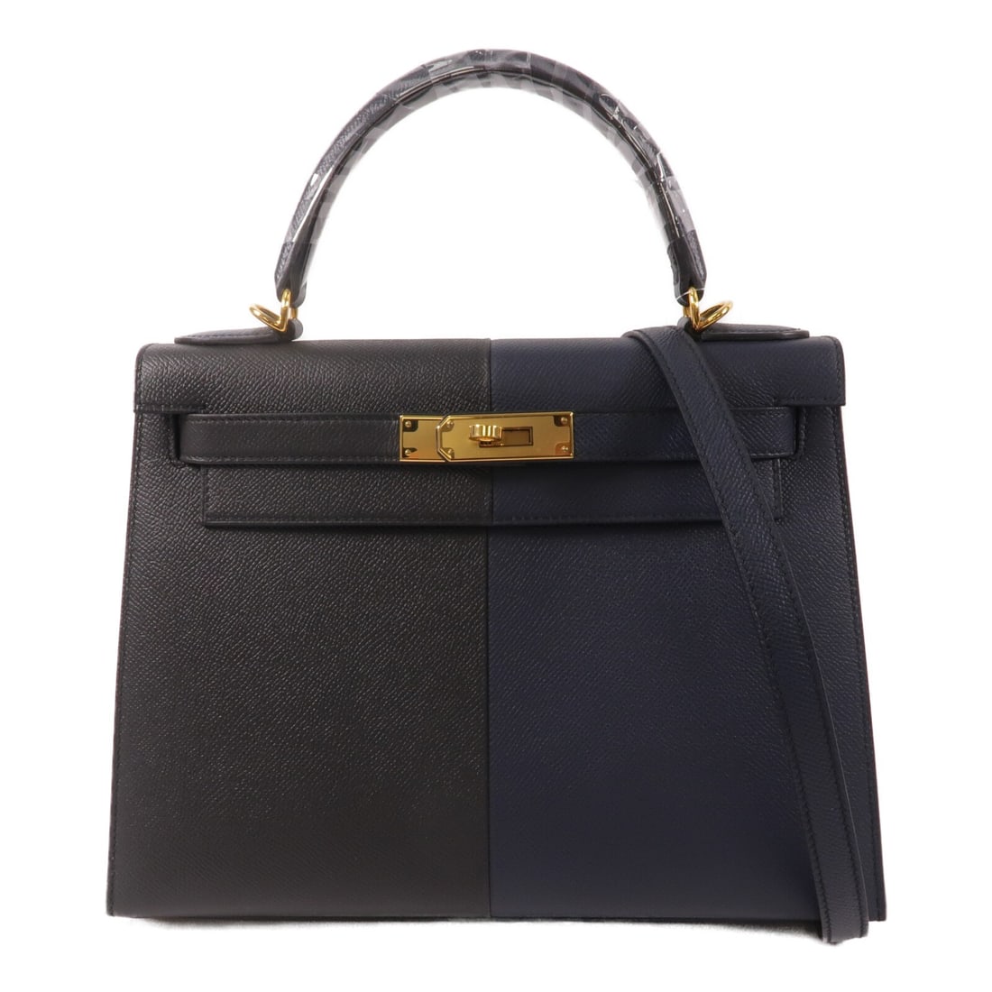 Hermes Kelly 28 Epsom Calfskin 2 Way Bag Blue Indigo Black: Hermes Kelly 28 Epsom Calfskin 2 Way Bag Blue Indigo Black Hermes Kelly 28 2 Way Shoulder Bag in Epsom leather and calfskin (cowhide), presented in black, navy, and blue indigo/black. It features gold