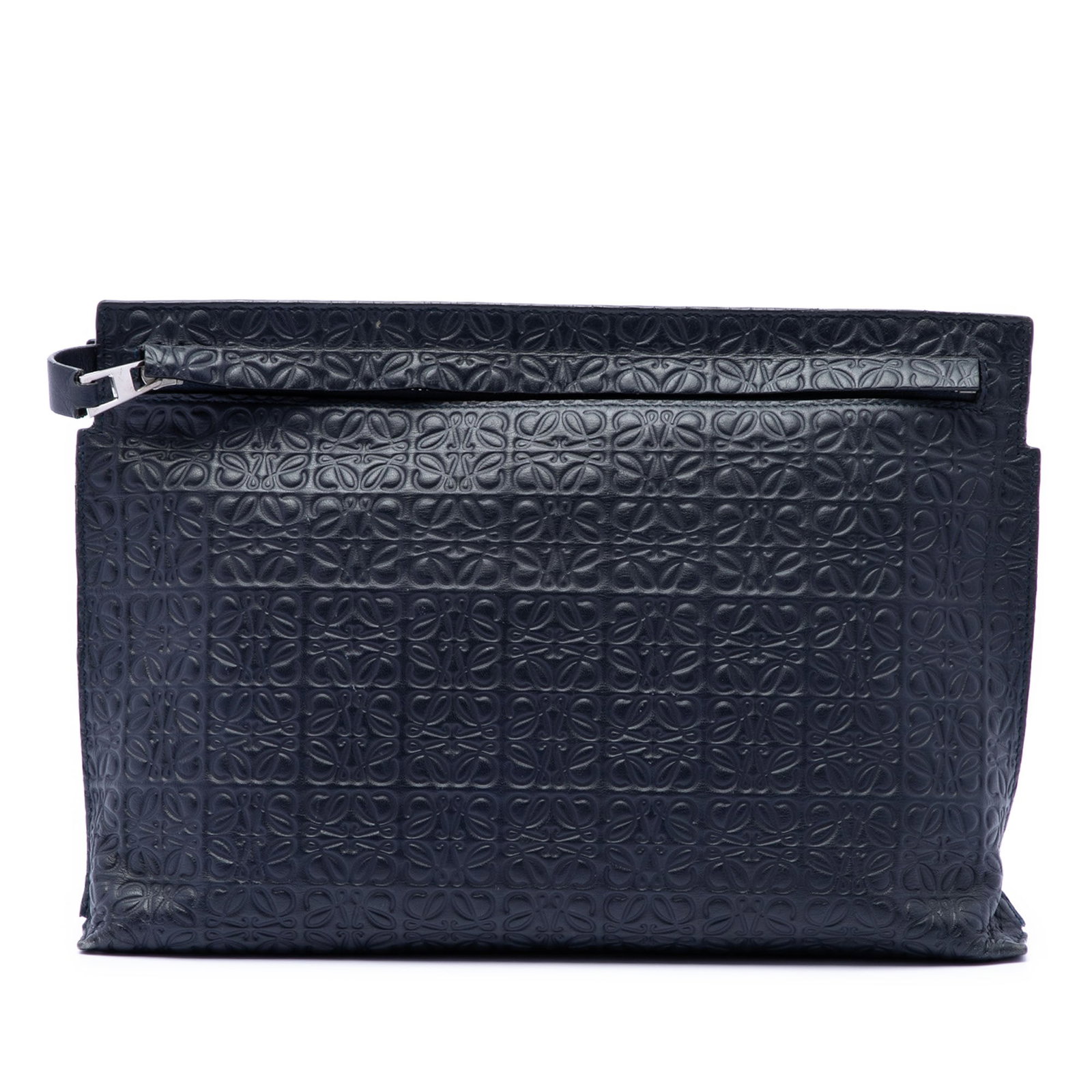 LOEWE Repeat T Clutch in Blue Embossed Anagram Leather: LOEWE Repeat T Clutch in Blue Embossed Anagram Leather LOEWE Embossed Anagram Leather Repeat T Clutch in blue leather with an embossed finish. The design features a front zip closure and an interior s