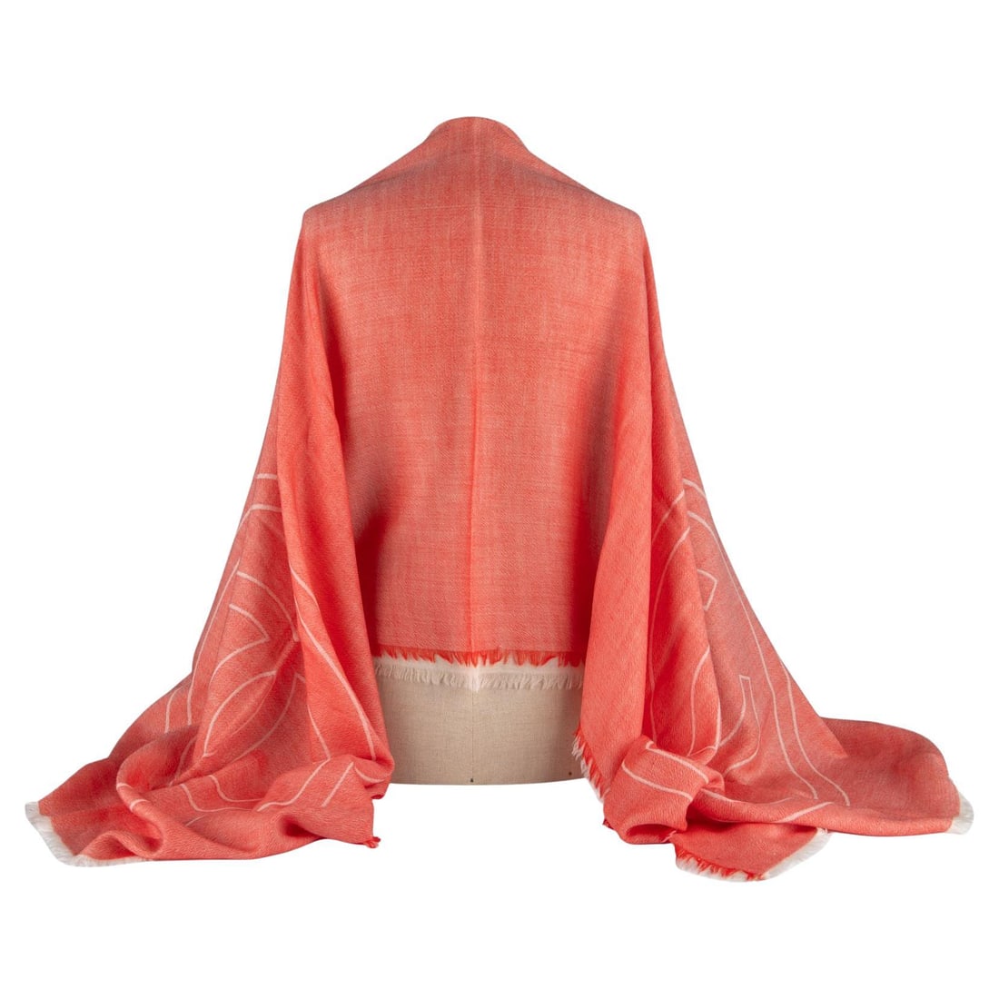 Chanel Coral Cashmere Shawl with CC Logo 78 x 28 Inches: Chanel Coral Cashmere Shawl with CC Logo 78 x 28 Inches Elevate your style with this exquisite Chanel CC Logo Cashmere Shawl, featuring a stunning coral red hue complemented by a cream CC logo accent.