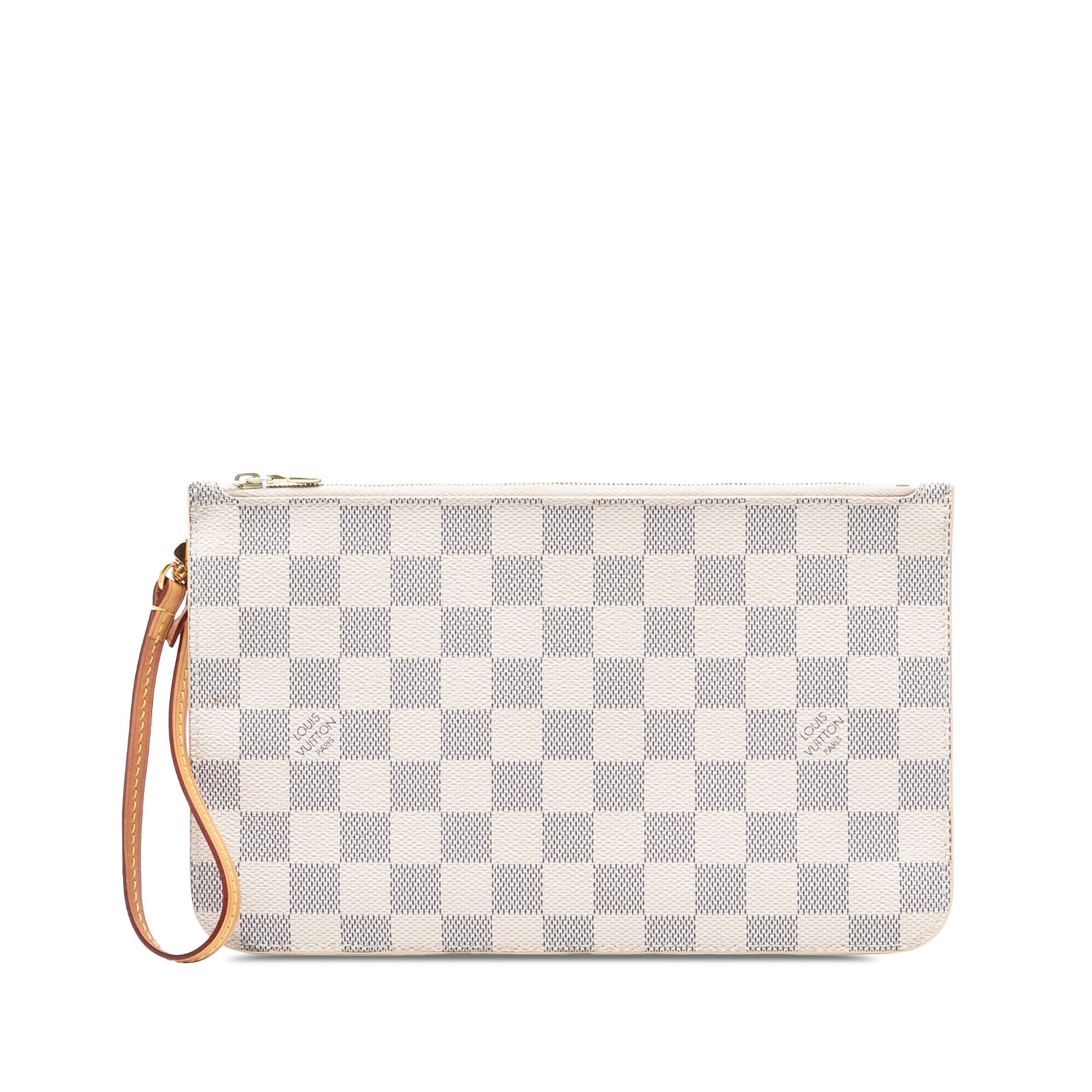 Neverfull MM Pouch Damier Azur Canvas Wristlet by Louis Vuitton: Neverfull MM Pouch Damier Azur Canvas Wristlet by Louis Vuitton This Louis Vuitton Damier Azur Neverfull MM Pouch features the signature Damier Azur canvas with a flat vachetta leather wrist strap, a 