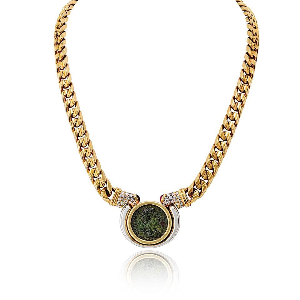 Bvlgari Coin Necklace 18K Two Tone Diamond Accent: Bvlgari Coin Necklace 18K Two Tone Diamond Accent Pre-owned Bvlgari coin necklace in 18K two-tone metal. The piece has an exact diamond weight of 1.2 cts and a total weight of 152.8 grams. A distincti