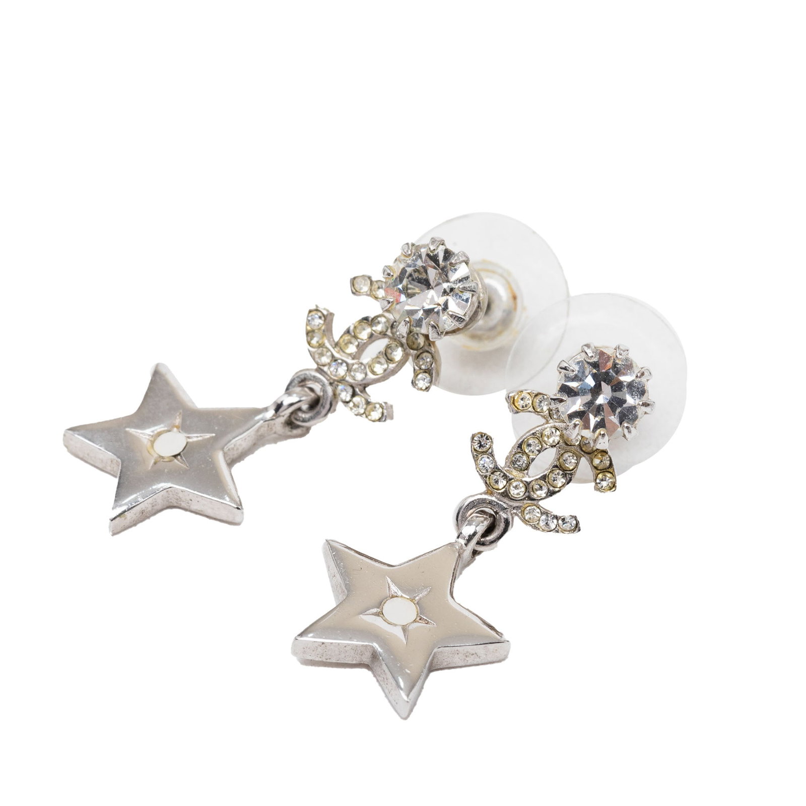 Chanel CC Star Drop Earrings Silver Tone Crystal Push Back: Chanel CC Star Drop Earrings Silver Tone Crystal Push Back Chanel CC star drop earrings with crystal-embellished CC charms and silver-plated star drops. Designed with push back closures and made in Fr