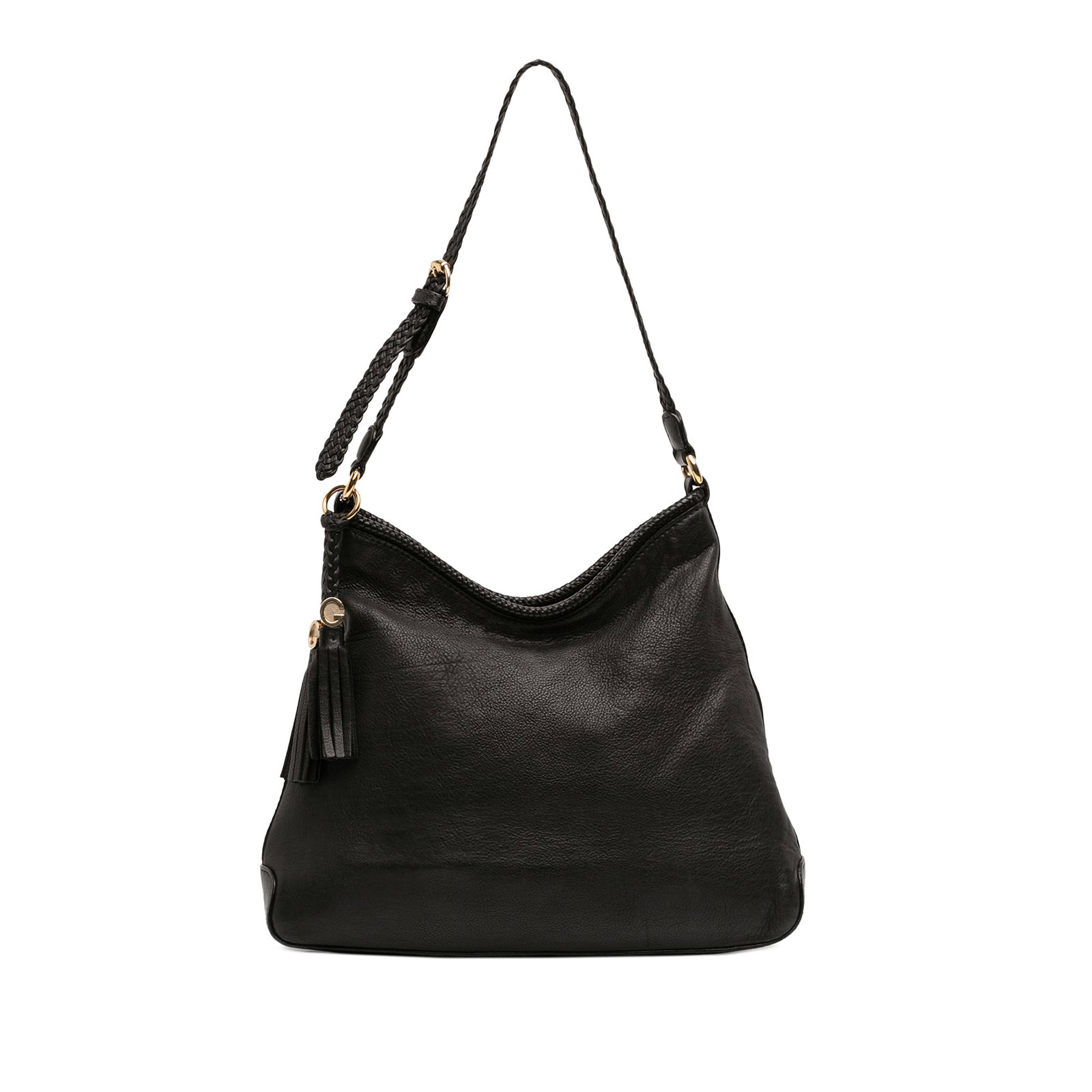 Black Leather Shoulder Bag Gucci Marrakech with Tassel: Black Leather Shoulder Bag Gucci Marrakech with Tassel This Gucci Leather Marrakech Shoulder Bag features a black leather body with a woven leather strap and a distinctive tassel detail. The bag is de