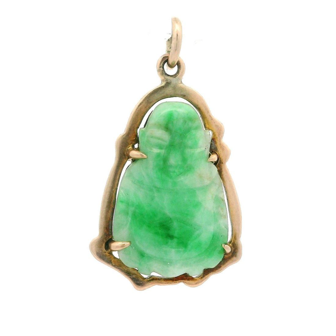 Vintage 10k Yellow Gold Jade Buddha Charm Pendant: Vintage 10k Yellow Gold Jade Buddha Charm Pendant This exquisite vintage charm pendant features a beautifully carved Chinese Buddha made from natural genuine jade, showcasing a rich green color with n