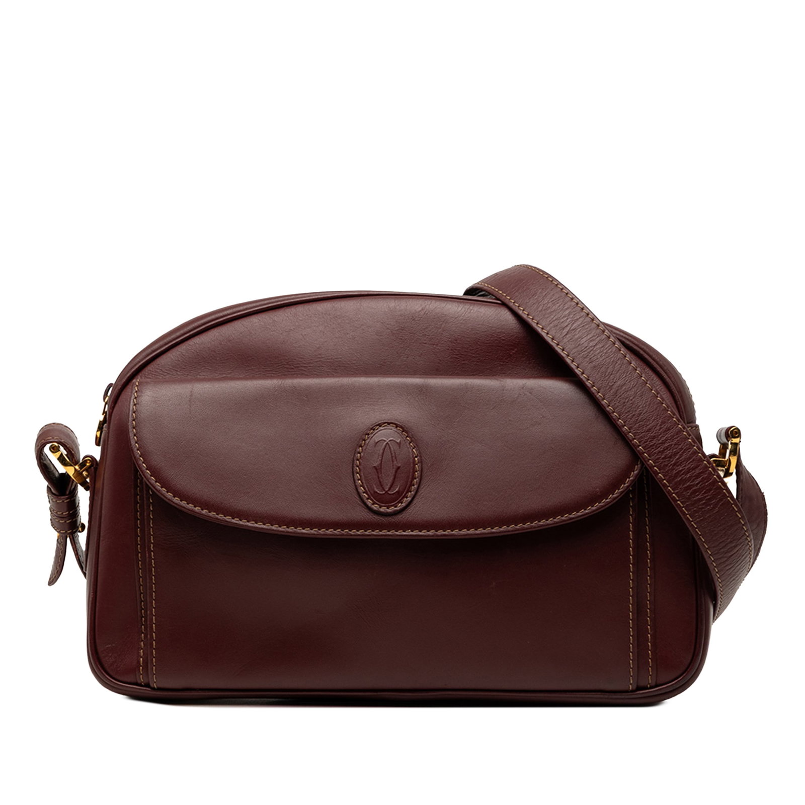 Cartier Must De Cartier Leather Crossbody Bag Red: Cartier Must De Cartier Leather Crossbody Bag Red Red leather crossbody bag with a flat leather strap, top zip closure, exterior front flap pocket, and interior zip pocket. Made in Spain, this Cartier