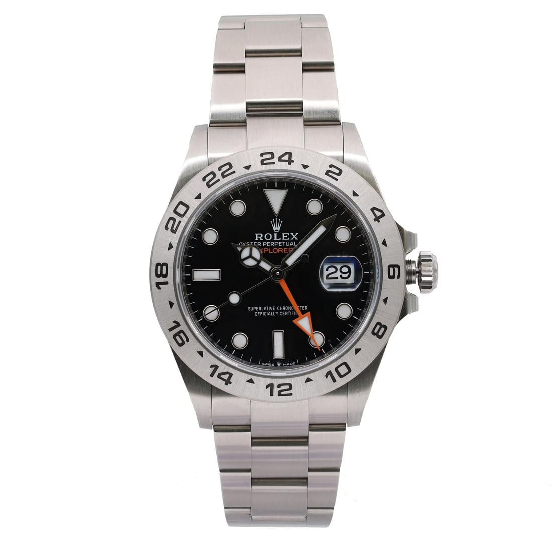 Rolex Explorer II 226570 Black Dial Steel 41mm Automatic Watch: Rolex Explorer II 226570 Black Dial Steel 41mm Automatic Watch This Rolex Explorer II is a luxury men's wristwatch featuring a black dial with round indexes and an orange hand. Crafted from stainless 