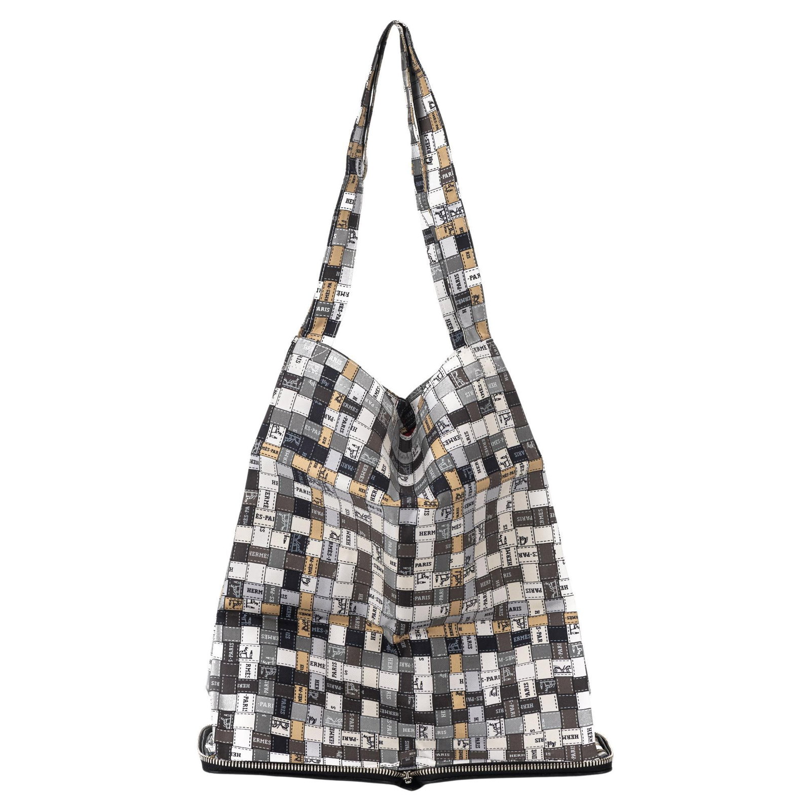 Hermes foldable black leather silk bag with dust cover: Hermes foldable black leather silk bag with dust cover This Hermes Silky Pop bag features a combination of black leather and multi-pattern silk in black, white, and grey tones. Designed to be foldable