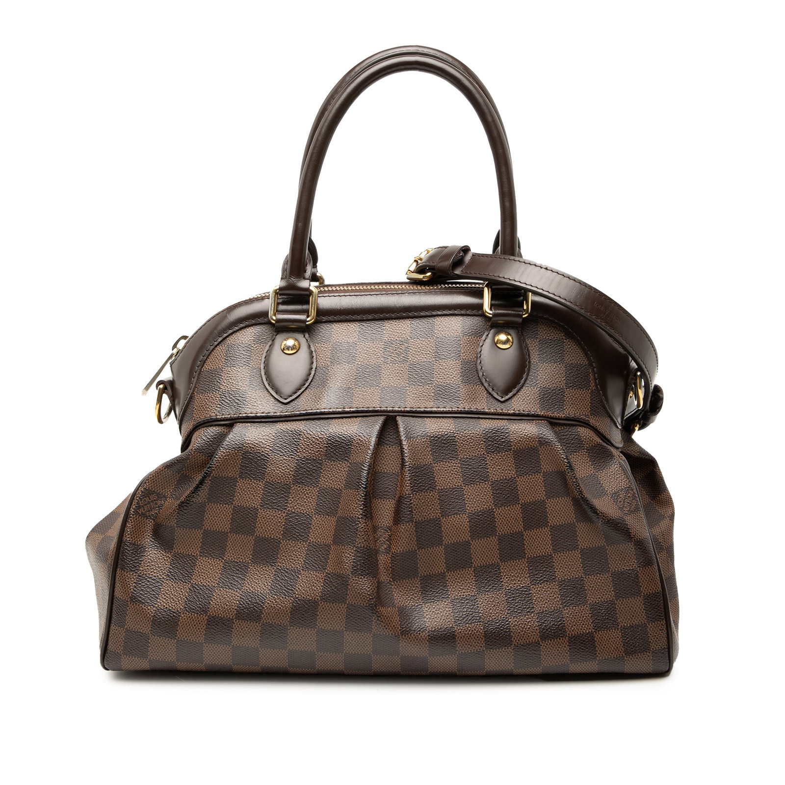 Louis Vuitton Trevi PM Brown Damier Canvas Satchel with Leather Trim: Louis Vuitton Trevi PM Brown Damier Canvas Satchel with Leather Trim The Louis Vuitton Damier Ebene Trevi PM is crafted from the brand's signature Damier canvas with leather trim. It features rolled l