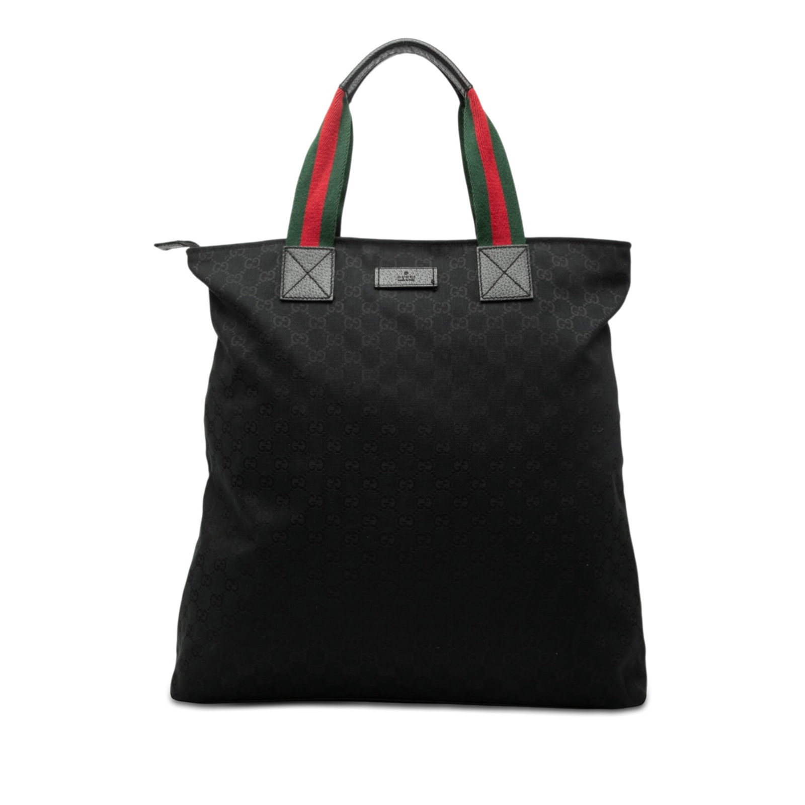 Gucci GG Canvas Web Black Vertical Tote Handbag with Leather Trim: Gucci GG Canvas Web Black Vertical Tote Handbag with Leather Trim This Gucci GG Canvas Web Vertical Tote features a black nylon body with leather trim, flat leather handles with web strap details, a t