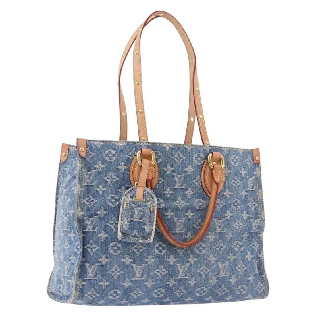 Louis Vuitton M46871 On The Go MM Blue Monogram Denim Handbag: Louis Vuitton M46871 On The Go MM Blue Monogram Denim Handbag Louis Vuitton On The Go MM hand bag in blue Monogram Denim Canvas, made in France. This women's bag features the M46871 product line and i