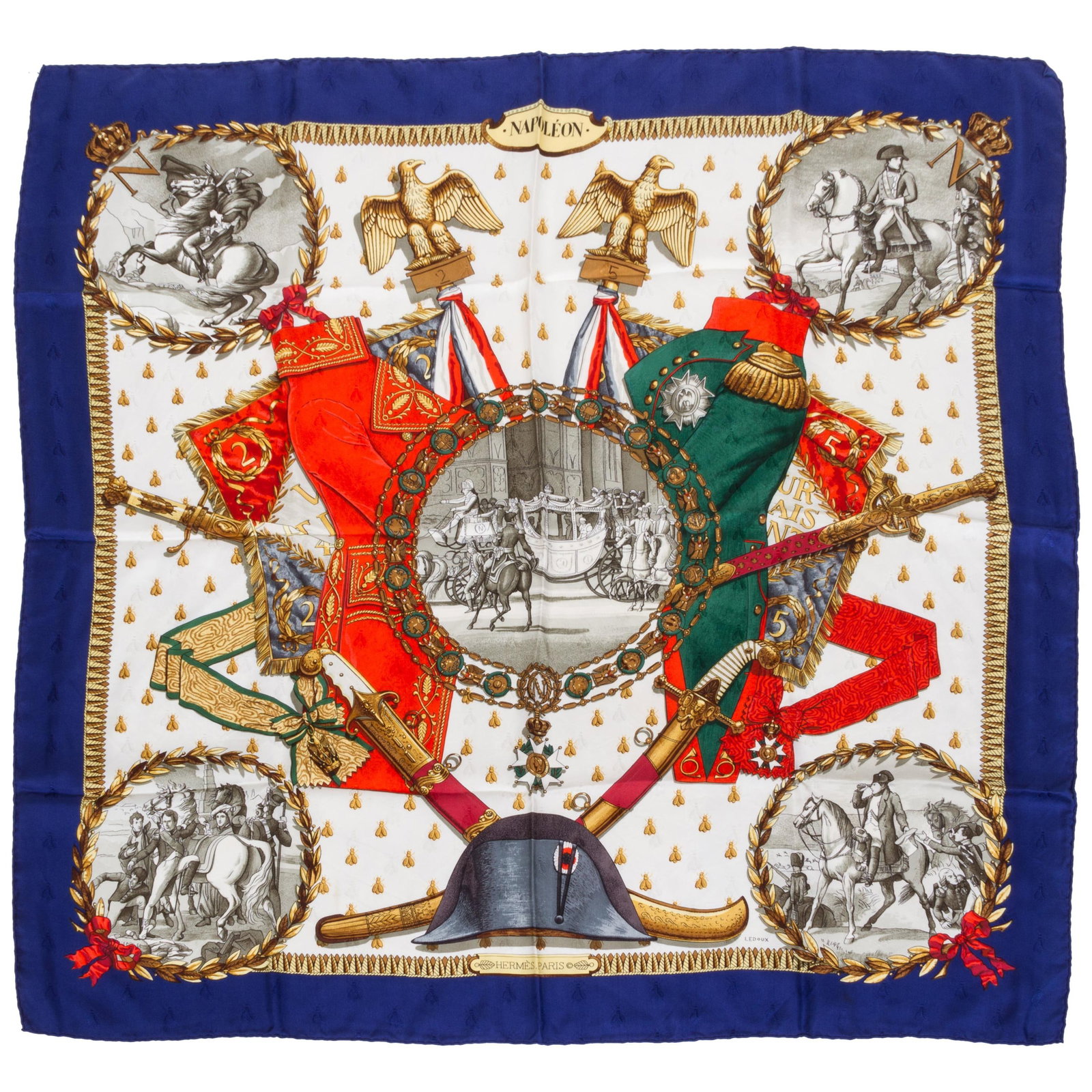 Hermes Blue Napoleon Scarf by Ledoux 35 in Silk Twill: Hermes Blue Napoleon Scarf by Ledoux 35 in Silk Twill This exquisite Hermes collectible scarf features a striking blue design inspired by Napoleon, crafted from luxurious silk twill. Designed by Ledou