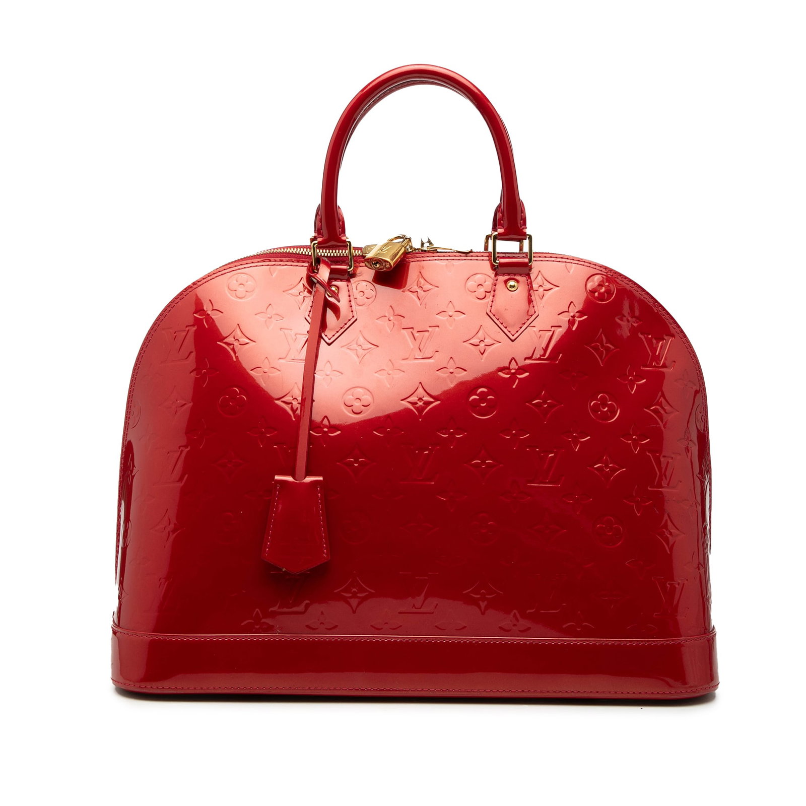 Louis Vuitton Alma GM Monogram Vernis Red Leather Handbag: Louis Vuitton Alma GM Monogram Vernis Red Leather Handbag This Louis Vuitton Alma GM handbag features a vernis leather body in red, rolled leather handles, a top zip-around closure, and interior slip 