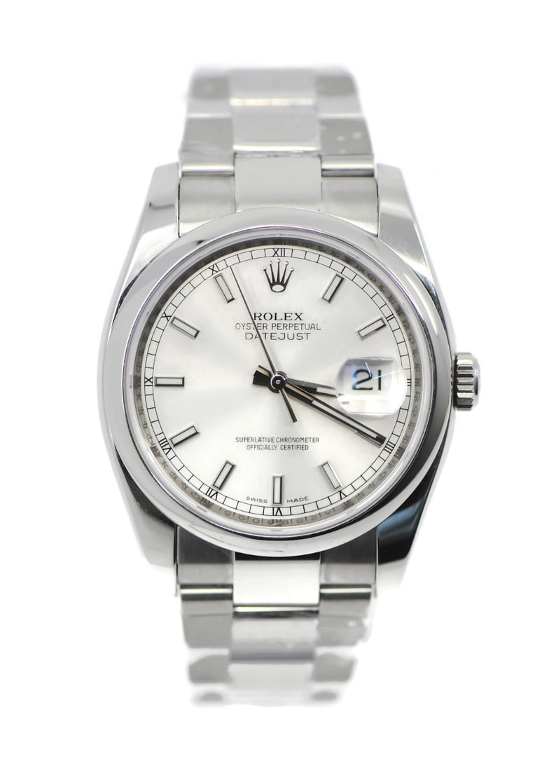 Rolex Datejust 36mm Stainless Steel Automatic Watch Ref 116200 with Box: Rolex Datejust 36mm Stainless Steel Automatic Watch Ref 116200 with Box This Rolex Datejust wristwatch features a stainless steel case and band, complemented by a silver dial. The watch is powered by 