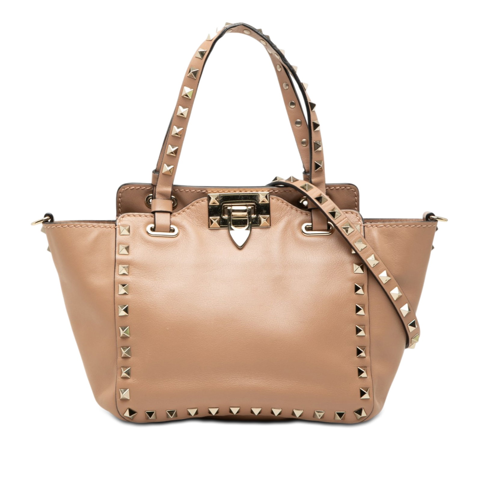 Valentino Rockstud Mini Trapeze Leather Satchel Bag Brown: Valentino Rockstud Mini Trapeze Leather Satchel Bag Brown Valentino Mini Leather Rockstud Trapeze Satchel in brown leather, made in Italy. This bag features a calf leather body with stud details, flat