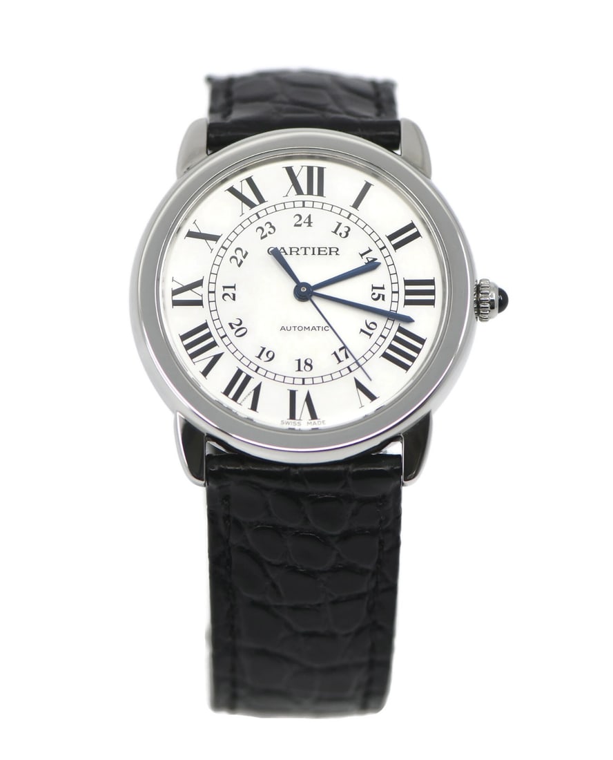 Cartier Ronde Solo 36mm Automatic Steel Wristwatch: Cartier Ronde Solo 36mm Automatic Steel Wristwatch This Cartier Ronde Solo wristwatch features a stainless steel case with a smooth silver bezel and a solid caseback. The round dial displays Roman num