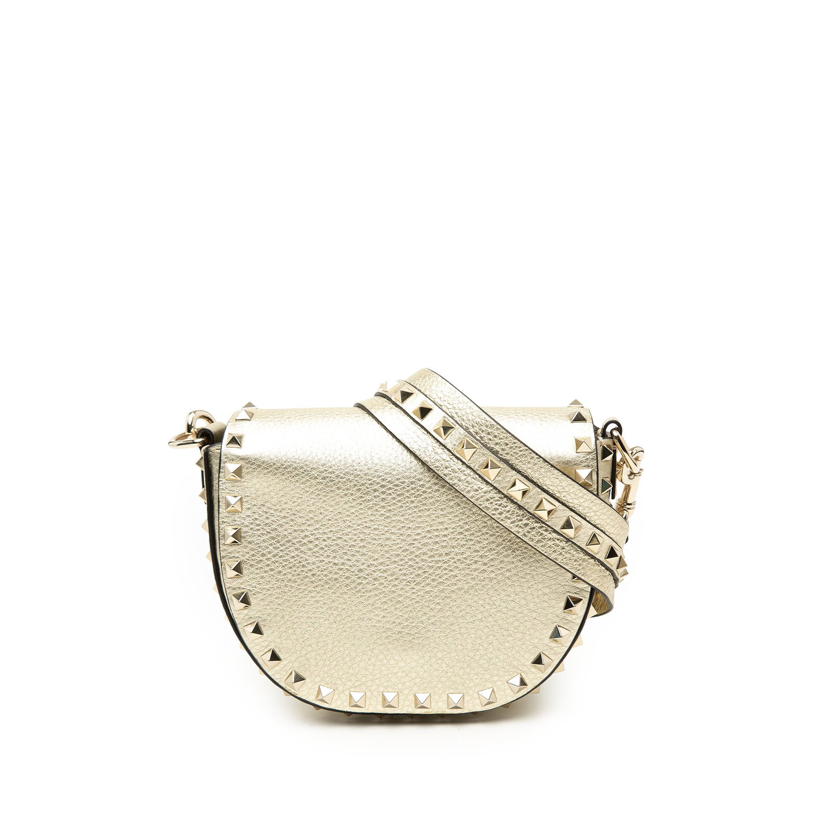 Valentino Rockstud Saddle Crossbody Metallic Grained Calfskin Leather Bag: Valentino Rockstud Saddle Crossbody Metallic Grained Calfskin Leather Bag Metallic grained calfskin Rockstud saddle crossbody bag with stud detailing, a detachable studded leather strap, front flap cl