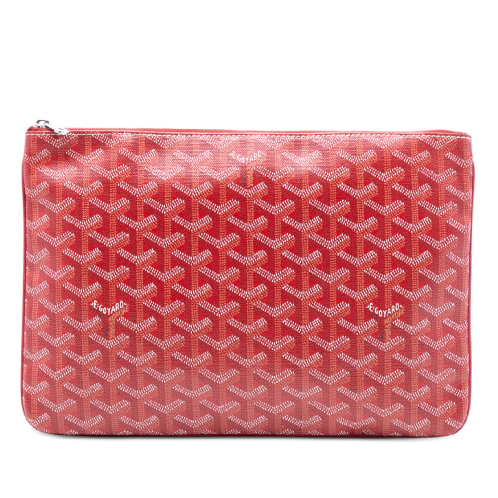 Red Goyard Goyardine Senat MM Coated Canvas Zip Pouch: Red Goyard Goyardine Senat MM Coated Canvas Zip Pouch The Goyardine Senat MM is a red pouch crafted from coated canvas, featuring a top zip closure. This versatile accessory is designed for everyday o