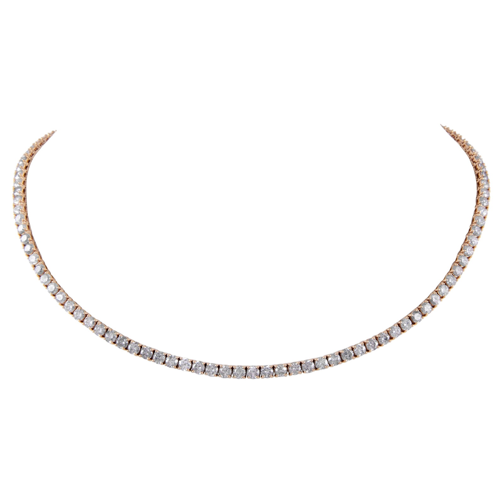 17.55ct Round Diamond Tennis Necklace in 14k Rose Gold: 17.55ct Round Diamond Tennis Necklace in 14k Rose Gold This stunning 17.55 ct Round Diamond Tennis Necklace is crafted in luxurious 14k rose gold, featuring 110 round brilliant diamonds that showcase 