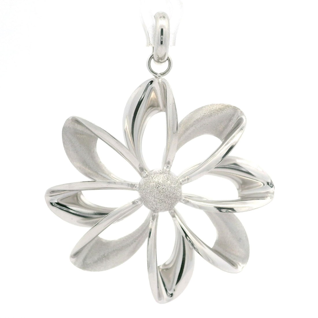 14k White Gold Textured Flower Pendant Italy Milor 53mm: 14k White Gold Textured Flower Pendant Italy Milor 53mm This exquisite pendant showcases a large open work flower design crafted from 14k solid white gold, featuring both textured and polished finishe