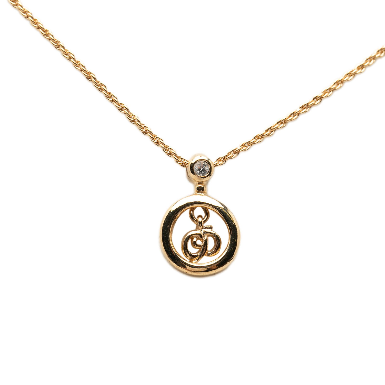 Dior CD Logo Strass Gold Plated Pendant Necklace: Dior CD Logo Strass Gold Plated Pendant Necklace This Dior necklace features a gold-plated metal pendant adorned with strass embellishments, suspended from a matching gold-plated chain. It secures wit