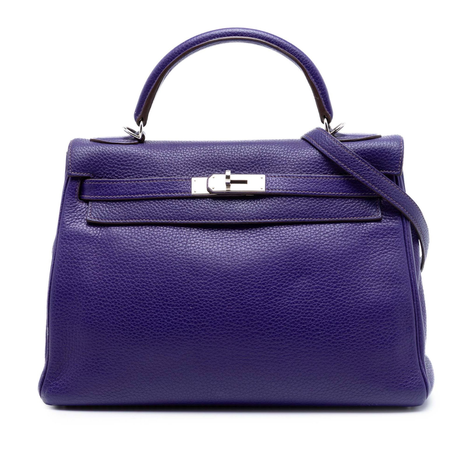 Hermes Kelly II Retourne 32 Clemence Leather Bag: Hermes Kelly II Retourne 32 Clemence Leather Bag A Hermes Kelly II Retourne bag crafted in Clemence leather in Ultraviolet purple. It features a flat leather top handle, a detachable shoulder strap, a