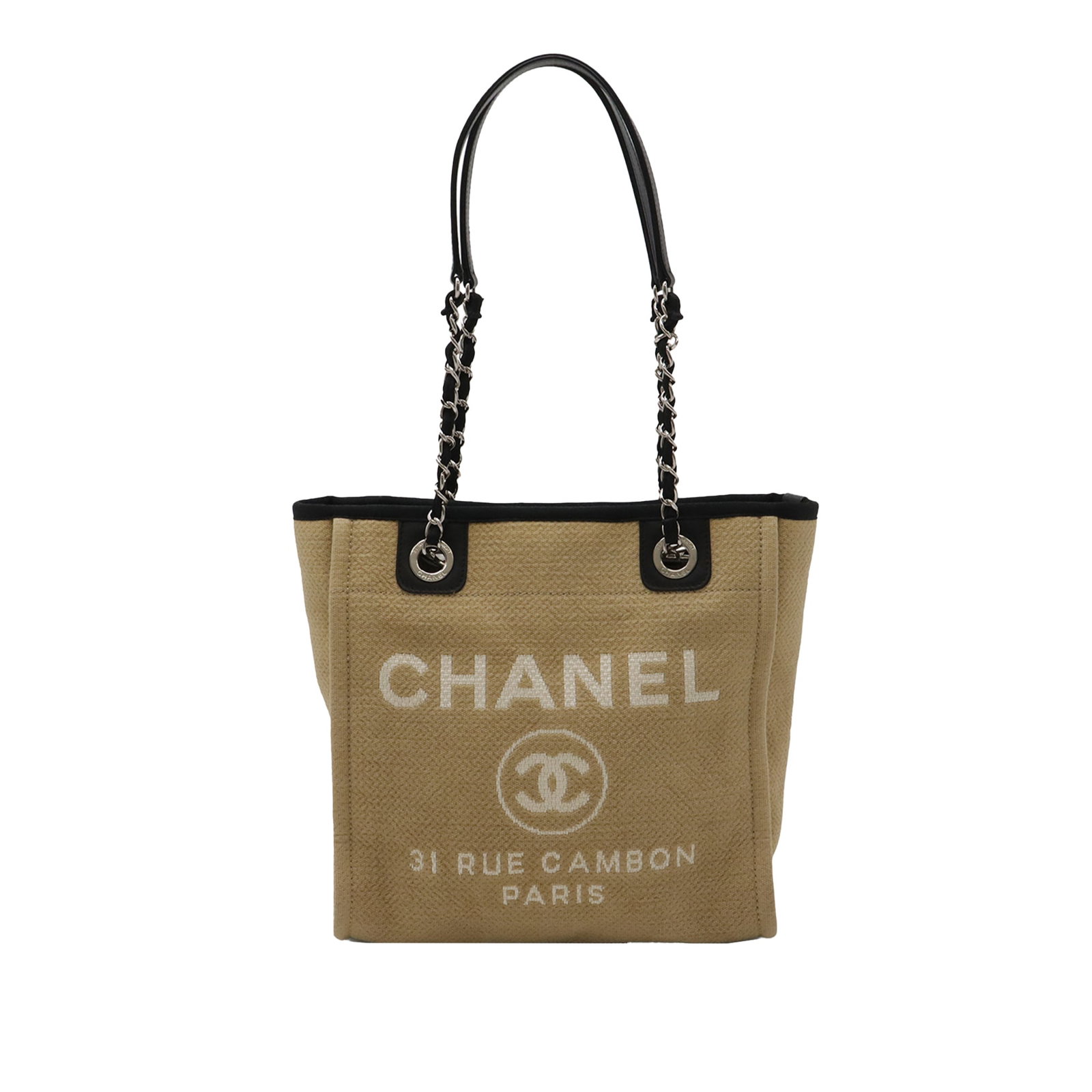 Chanel Deauville Mini Canvas Tote Bag Beige: Chanel Deauville Mini Canvas Tote Bag Beige A Chanel Mini Canvas Deauville Tote bag in beige, made in Italy. It features a canvas body with leather trim, curb chain handles with leather guards, an ope