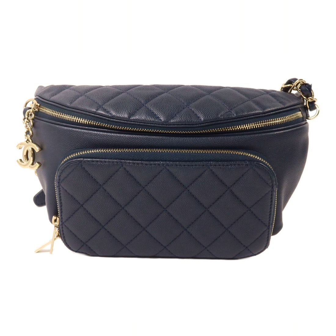 CHANEL Business Affinity AS0465 Waist Bag Navy Calfskin GHW: CHANEL Business Affinity AS0465 Waist Bag Navy Calfskin GHW A CHANEL Business Affinity chain waist bag in navy calfskin leather with CC and gold-tone hardware. The bag is presented as model AS0465 and