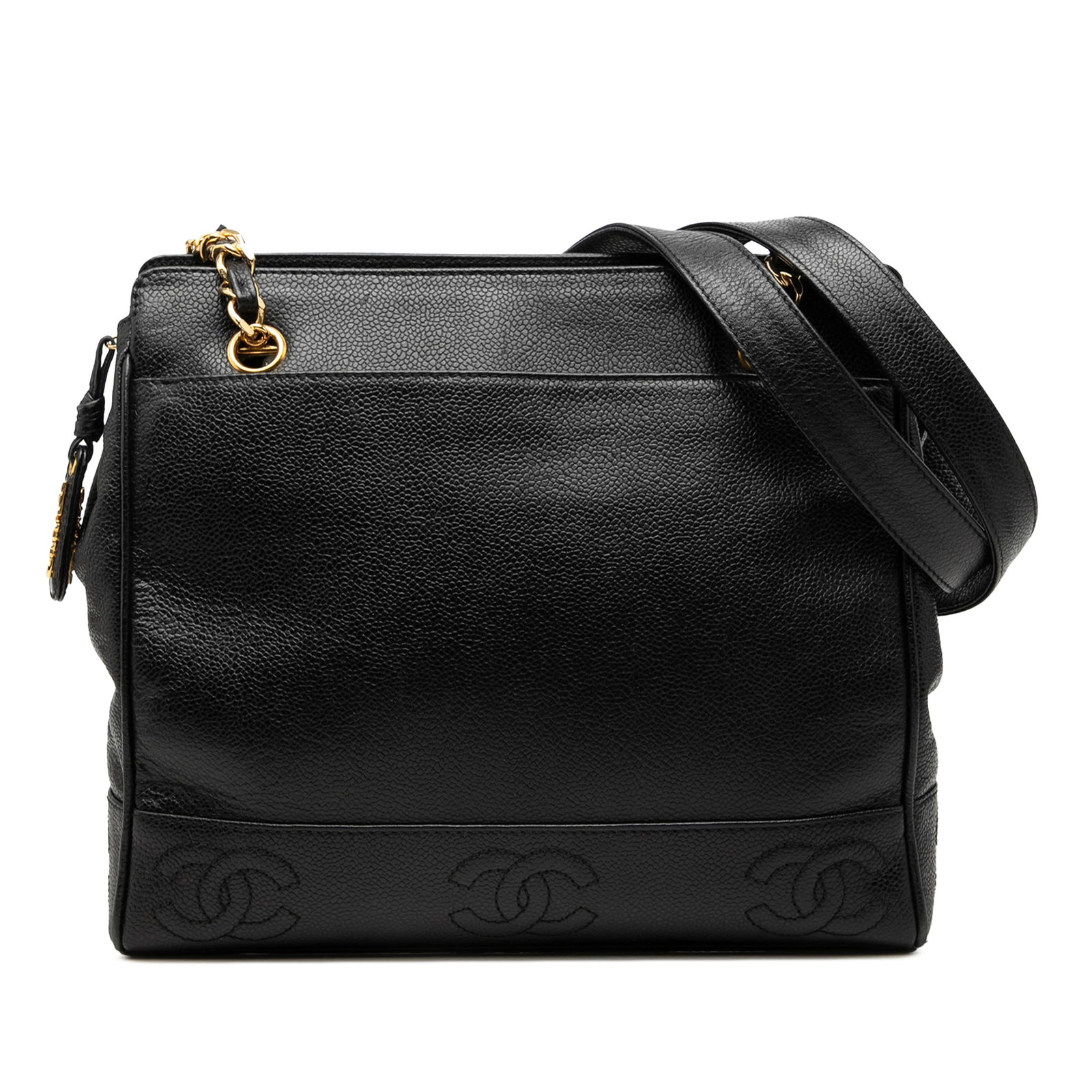 Chanel Triple CC Black Caviar Leather Shoulder Bag: Chanel Triple CC Black Caviar Leather Shoulder Bag A Chanel Triple CC Caviar Shoulder Bag in black caviar leather with leather-woven curb chain straps and a leather shoulder guard. It features a top z