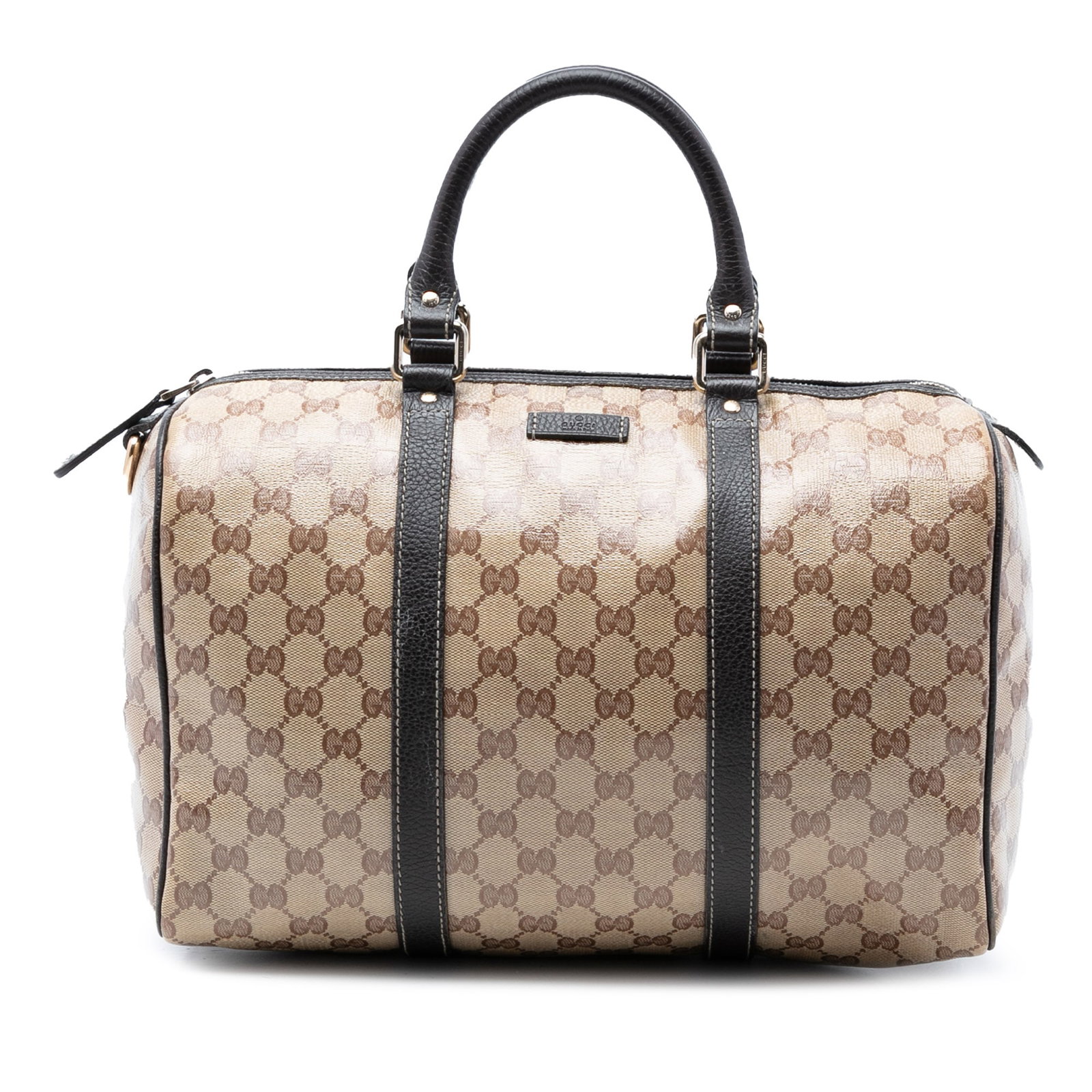 Gucci GG Crystal Joy Boston Bag Medium Beige: Gucci GG Crystal Joy Boston Bag Medium Beige This Gucci Medium GG Crystal Joy Boston Bag features a beige coated canvas body with leather trim, rolled leather handles, a top zip closure, and an interi