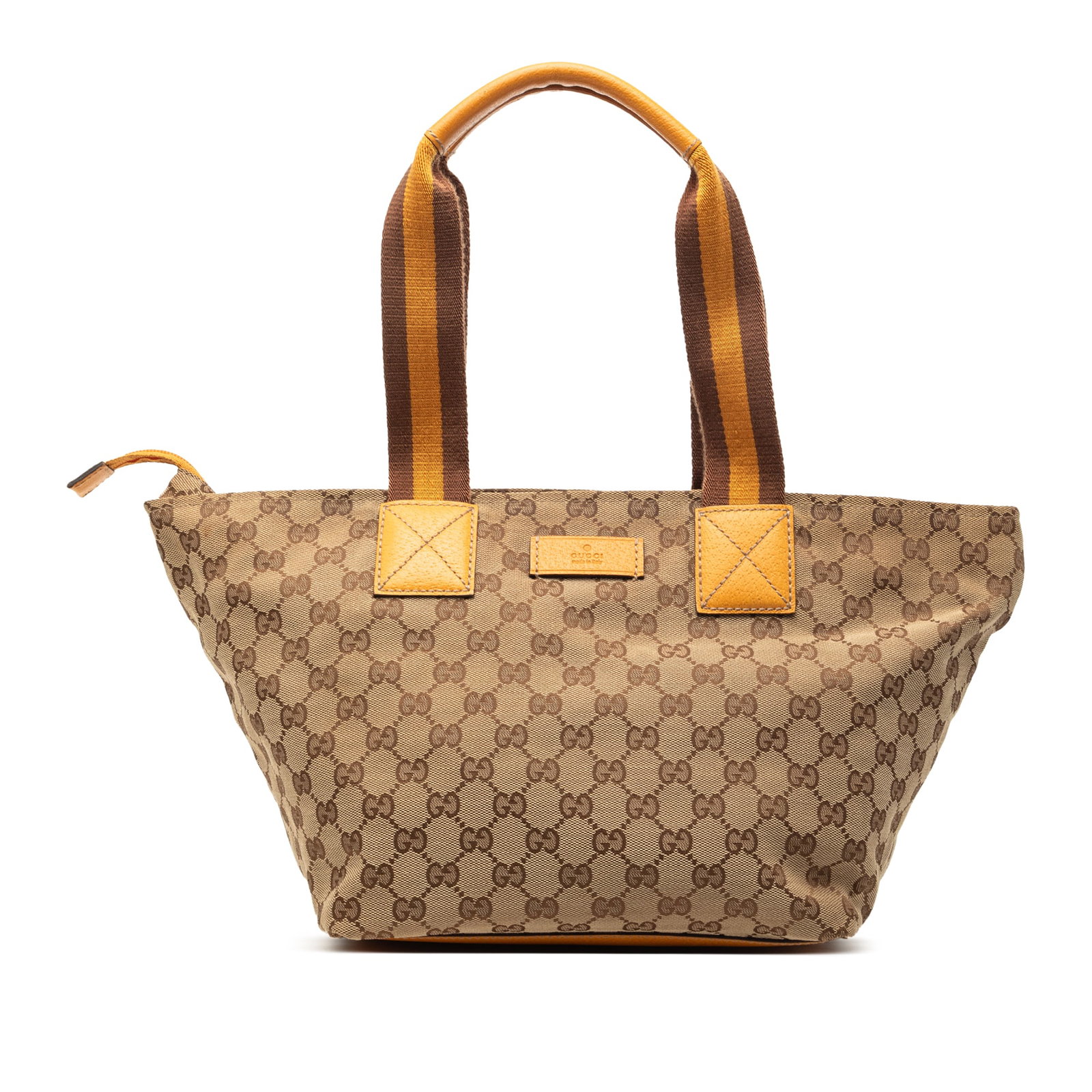 Gucci beige canvas tote with web straps and leather trim: Gucci beige canvas tote with web straps and leather trim This Gucci GG Canvas Web Tote features a beige fabric body with leather trim and flat web straps. The bag is designed with a top zip closure an