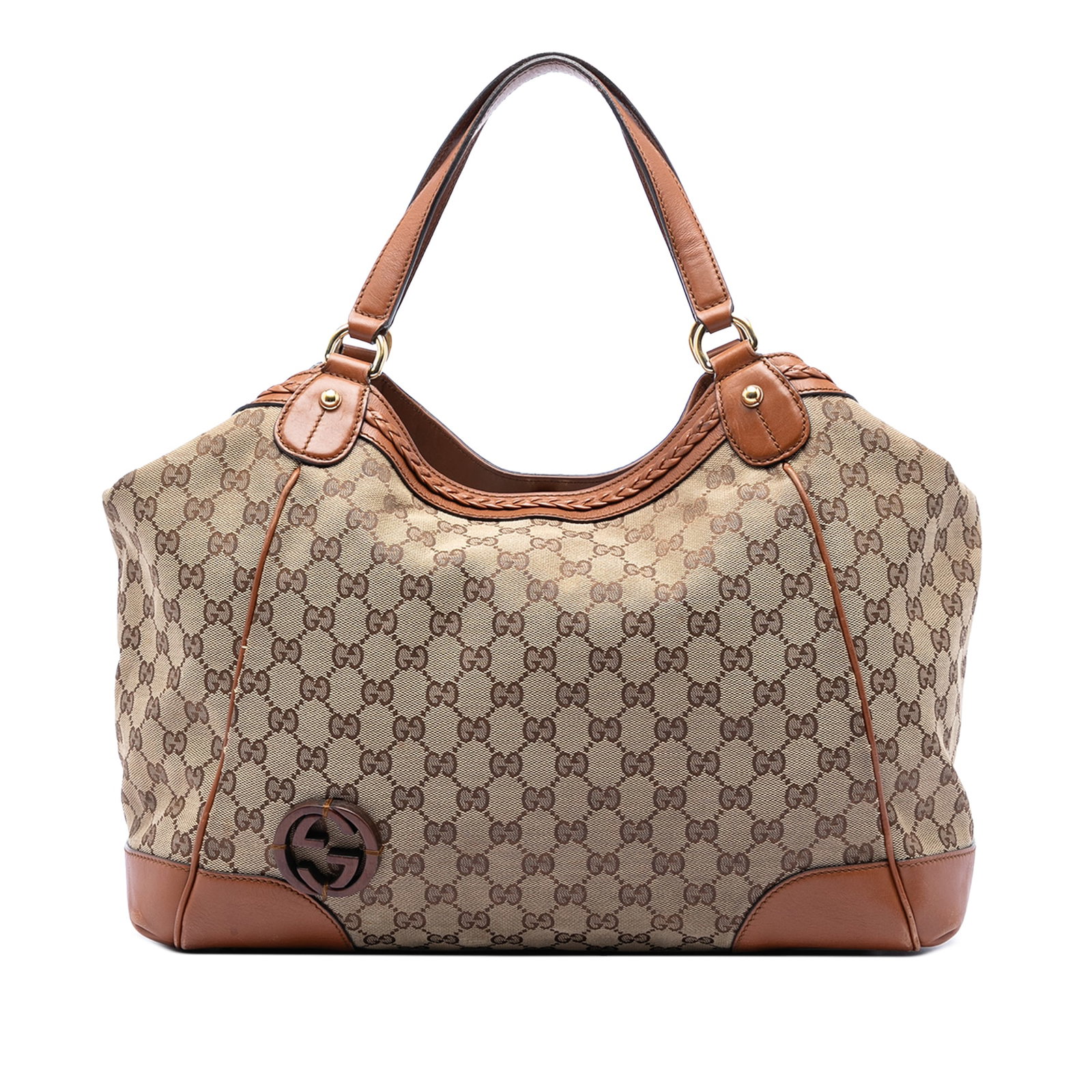 Gucci Brick Lane Medium GG Canvas Tote Bag Beige: Gucci Brick Lane Medium GG Canvas Tote Bag Beige Gucci Medium GG Canvas Brick Lane Tote with leather trim and flat leather handles. The open-top design features a hook closure, along with interior zip