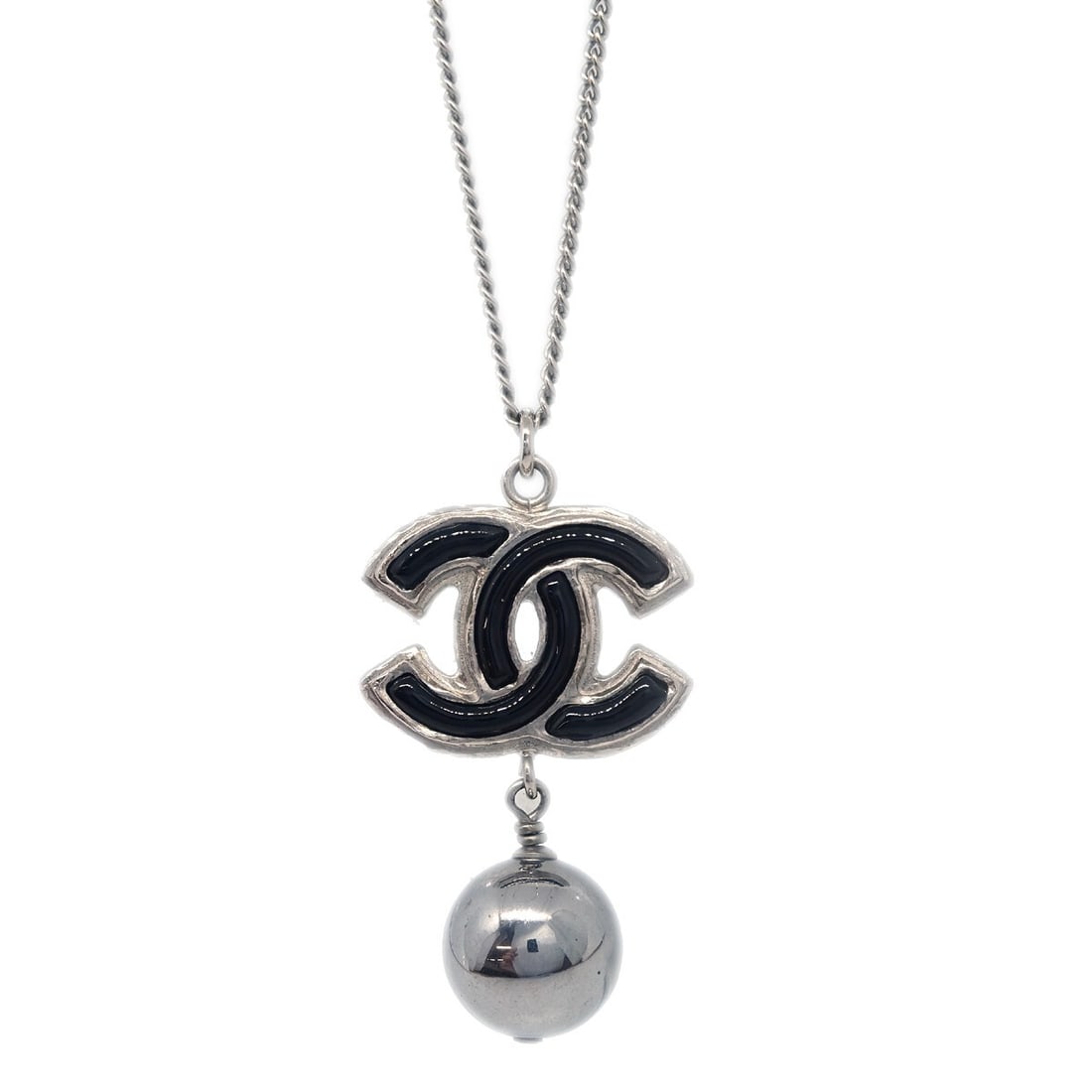 Chanel B13B silver plated CC pendant chain necklace: Chanel B13B silver plated CC pendant chain necklace A Chanel chain pendant necklace in silver and black, featuring a silver-plated construction and origin in Italy. The piece is described as being in 