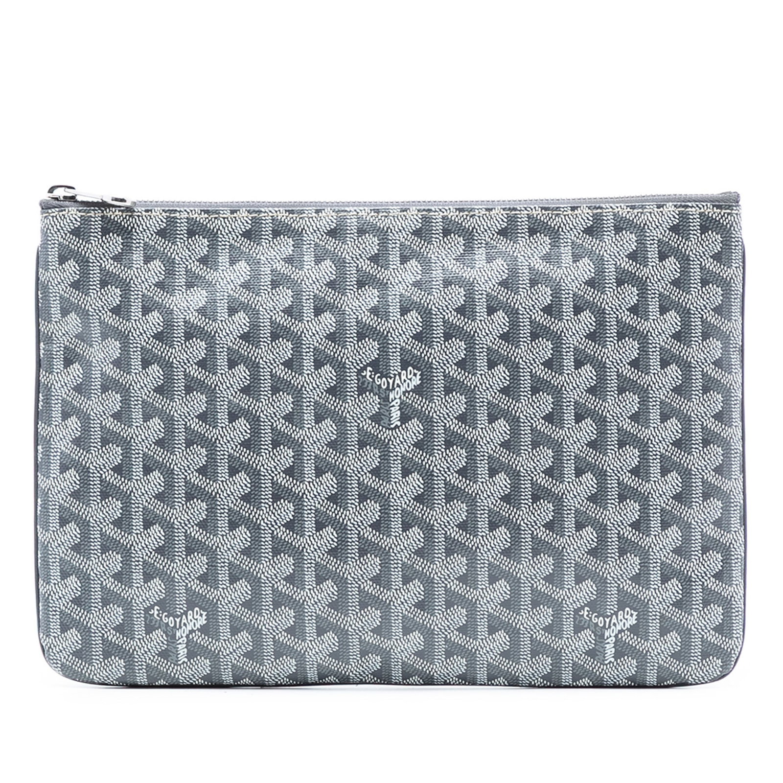 Goyard Goyardine Senat MM coated canvas gray pouch with zip closure: Goyard Goyardine Senat MM coated canvas gray pouch with zip closure The Goyardine Senat MM is a gray pouch crafted from coated canvas, featuring a top zip closure. This versatile accessory is designed