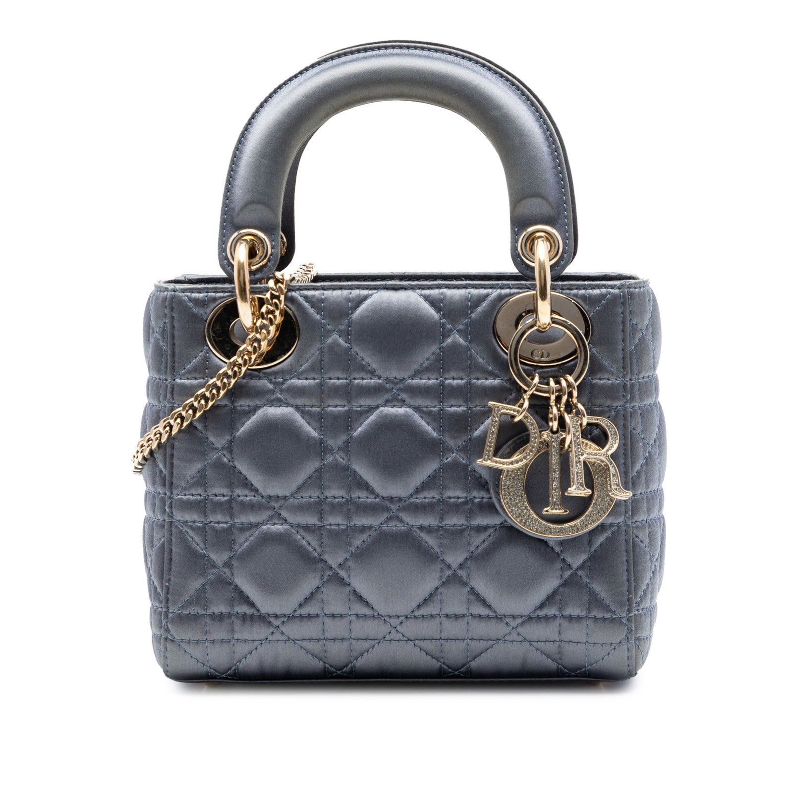 Dior Lady Dior Mini Cannage Satin Bag with Swarovski Crystal: Dior Lady Dior Mini Cannage Satin Bag with Swarovski Crystal This Mini Satin Cannage Swarovski Crystal Lady Dior bag features a quilted satin body in gray with flat top handles, a detachable chain-lin
