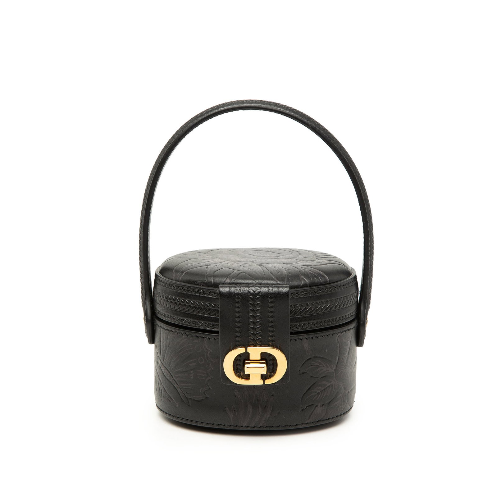 Dior CD Logo Floral Embossed Calfskin Vanity Bag Black: Dior CD Logo Floral Embossed Calfskin Vanity Bag Black A Dior vanity bag crafted in black embossed calfskin leather, featuring a flat top handle and a front strap with metal lock closure. Made in Ital