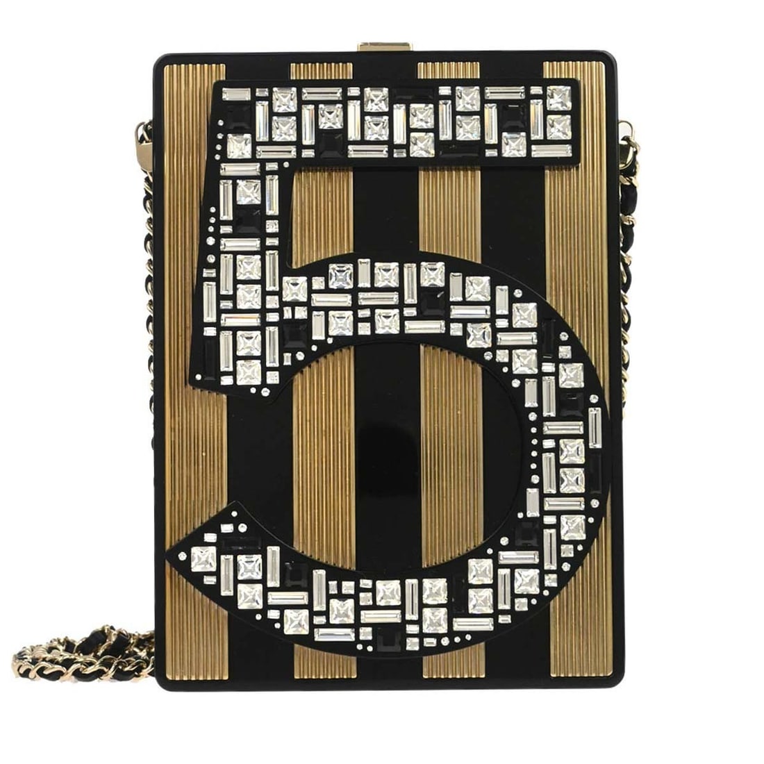 CHANEL No.5 Acrylic Box Crossbody Bag Black Rhinestone Mosaic: CHANEL No.5 Acrylic Box Crossbody Bag Black Rhinestone Mosaic Small Chanel shoulder bag crafted in black acrylic with rhinestone mosaic detailing and logo accents. This crossbody style features a magn