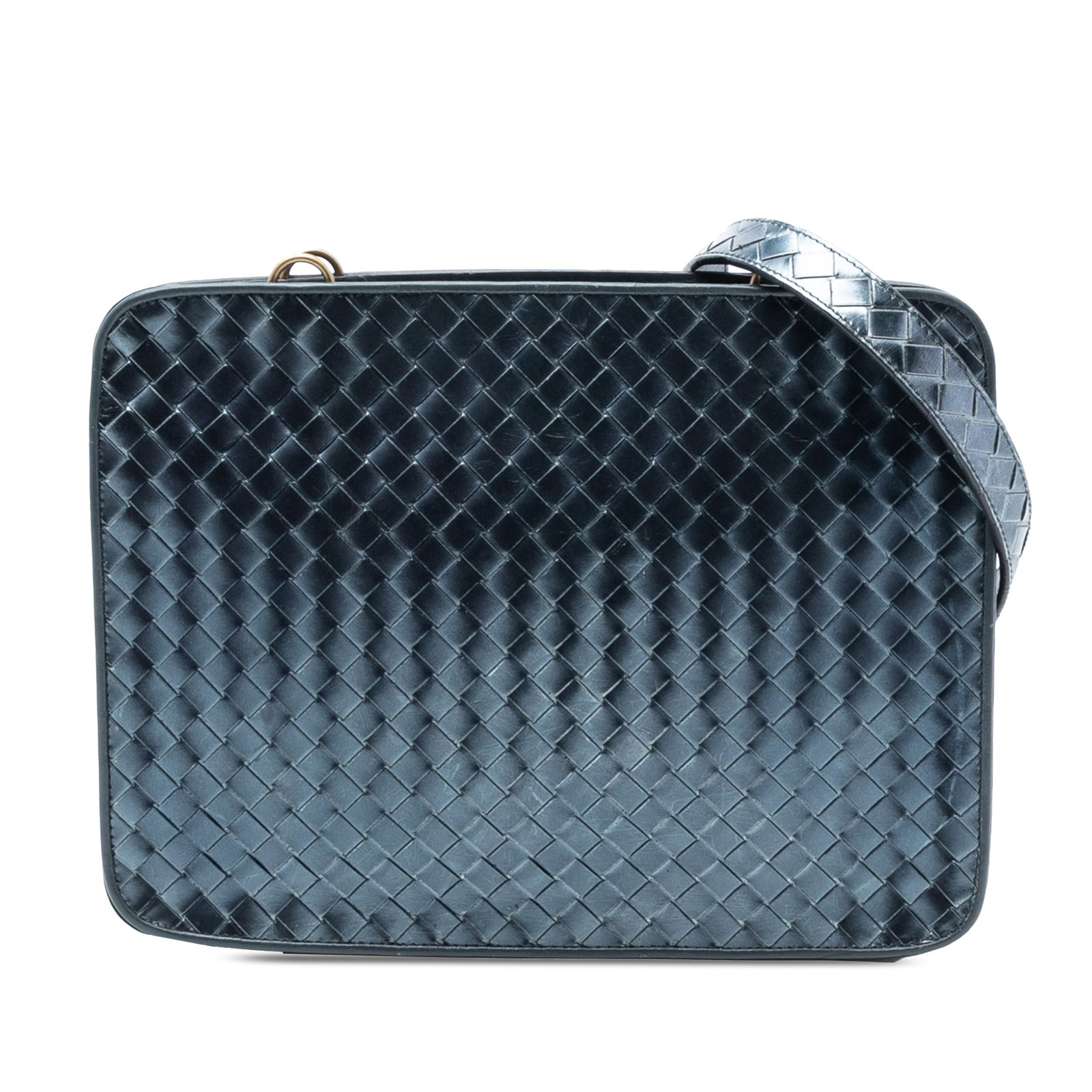 Bottega Veneta Blue Nappa Leather Intrecciato Woven Shoulder Bag: Bottega Veneta Blue Nappa Leather Intrecciato Woven Shoulder Bag This Bottega Veneta Nappa Intrecciato Shoulder Bag features a woven nappa leather body in blue, flat leather shoulder straps, an open t