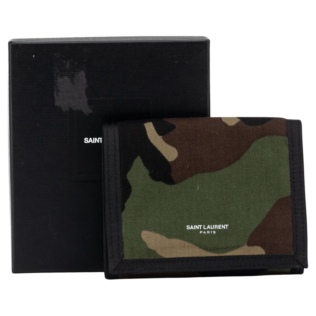 YSL Camouflage Canvas Wallet with Box and Booklet: YSL Camouflage Canvas Wallet with Box and Booklet Introducing the YSL New Camouflage Canvas Wallet, a stylish accessory from Yves Saint Laurent. This wallet features a unique camouflage design and is 
