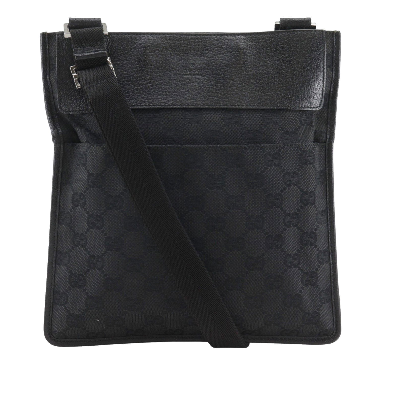 Gucci GG Canvas Black Crossbody Bag with Leather Trim: Gucci GG Canvas Black Crossbody Bag with Leather Trim Gucci GG Canvas Crossbody bag crafted with a canvas body and leather trim. It features a flat shoulder strap, an open top with touch fastener clos