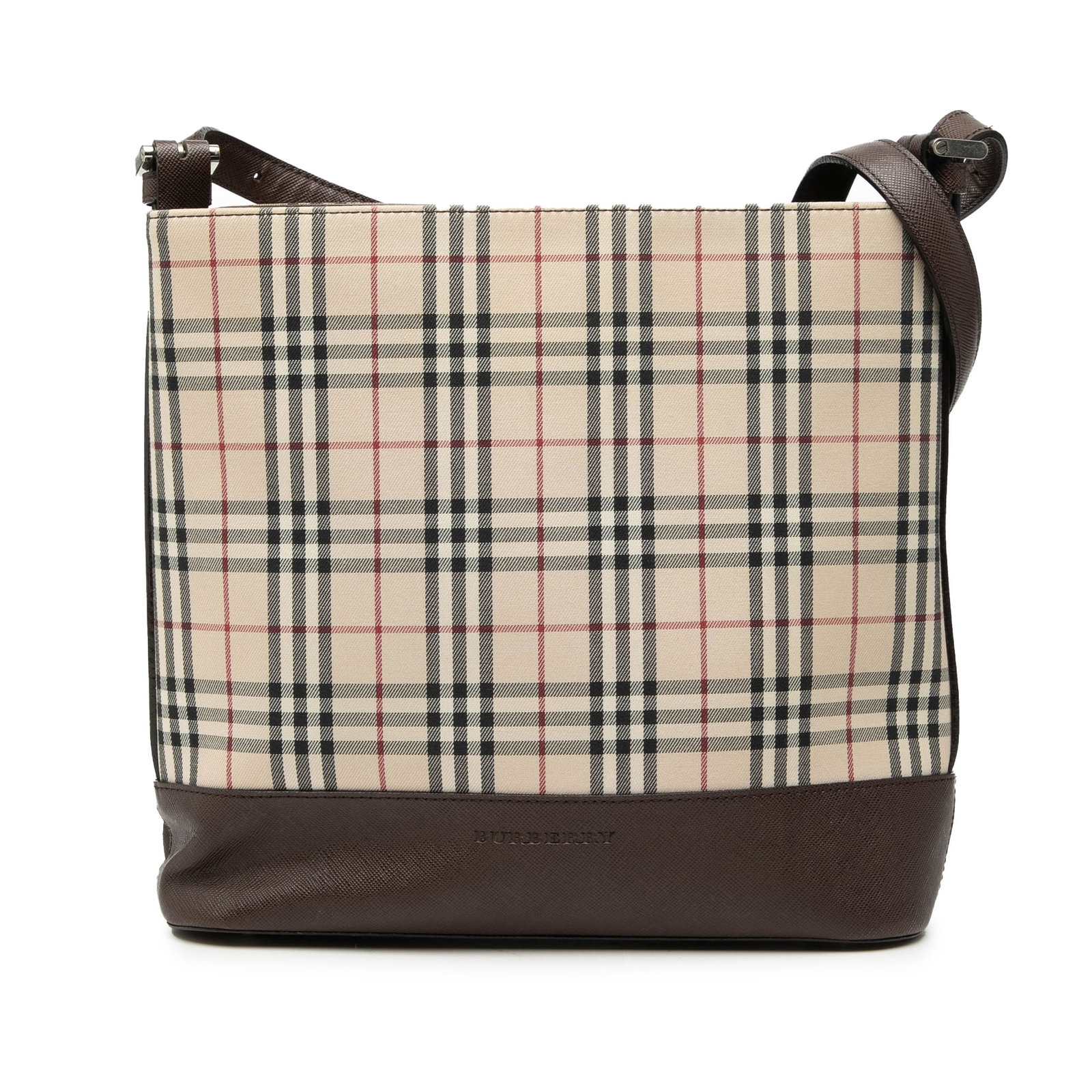 Burberry House Check Shoulder Bag with Leather Trim: Burberry House Check Shoulder Bag with Leather Trim This Burberry House Check Canvas Shoulder Bag features a canvas body with leather trim, a flat leather strap, a fold-in flap with a magnetic snap bu