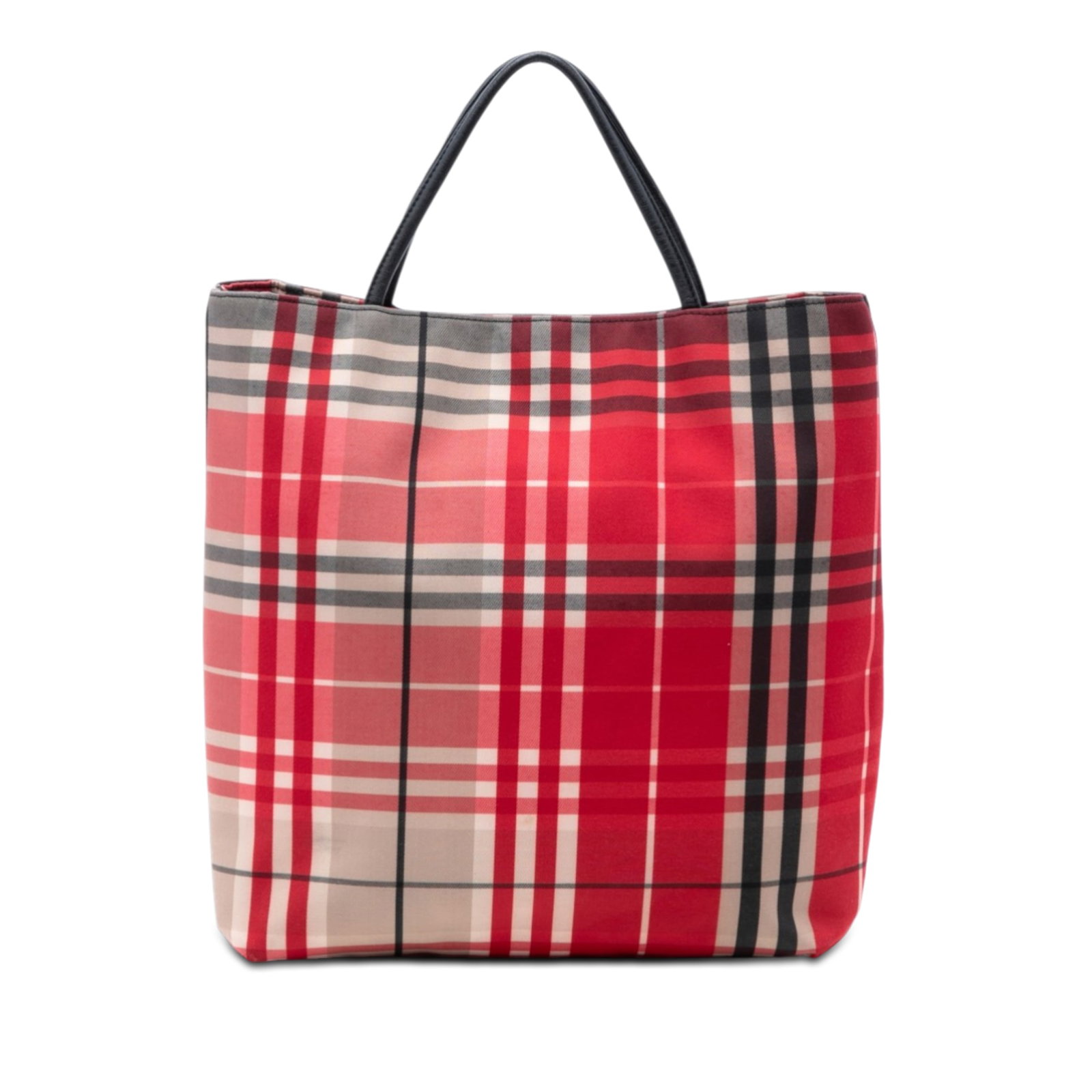 Red Canvas Tote with House Check Pattern and Leather Handles by Burberry: Red Canvas Tote with House Check Pattern and Leather Handles by Burberry This Burberry tote features the iconic house check canvas body with rolled leather handles. The bag is designed with an open to