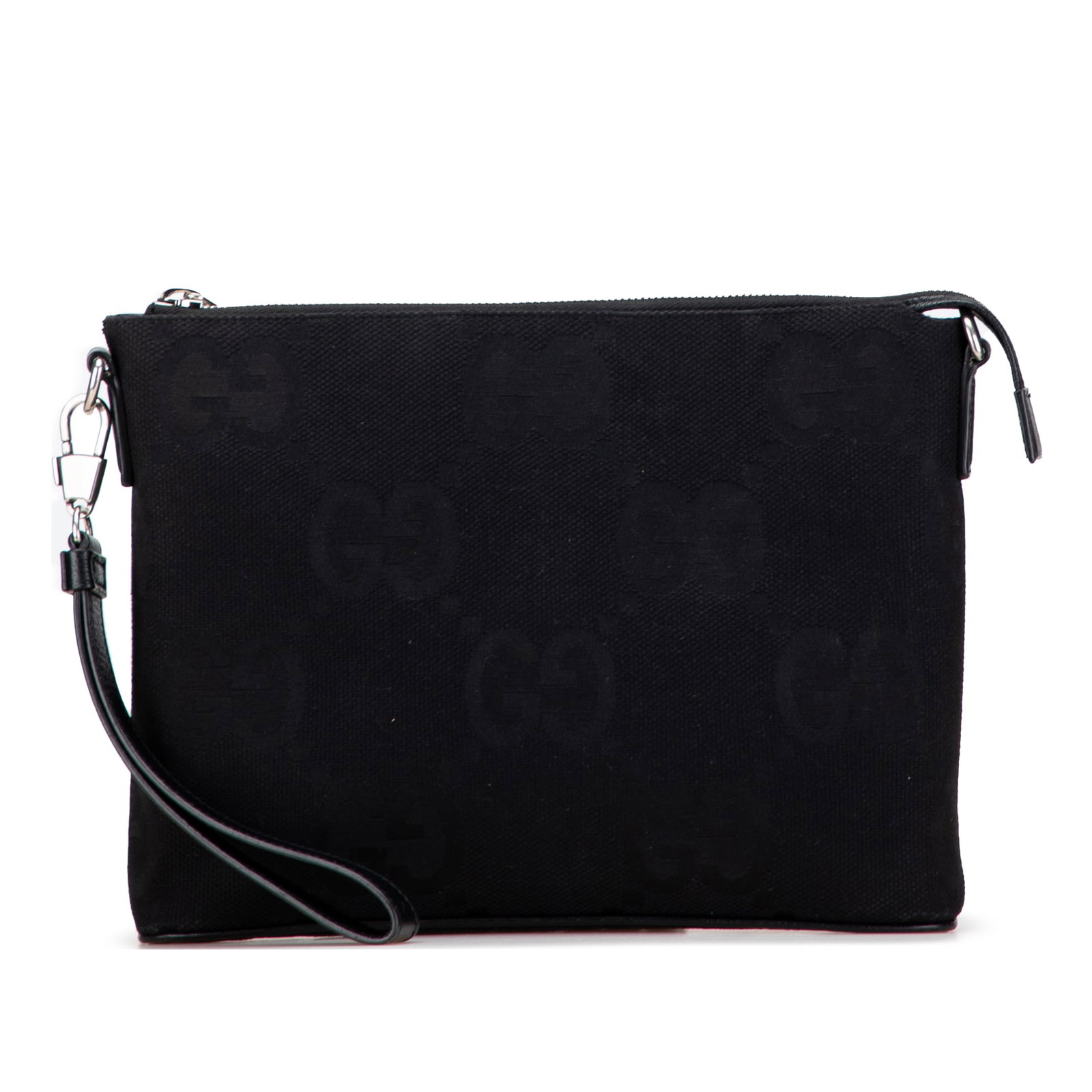 Gucci Jumbo GG Canvas Black Clutch with Detachable Strap: Gucci Jumbo GG Canvas Black Clutch with Detachable Strap This stylish Gucci Jumbo GG Canvas Clutch on Strap is crafted from durable fabric and features a chic black color. The clutch is designed with 