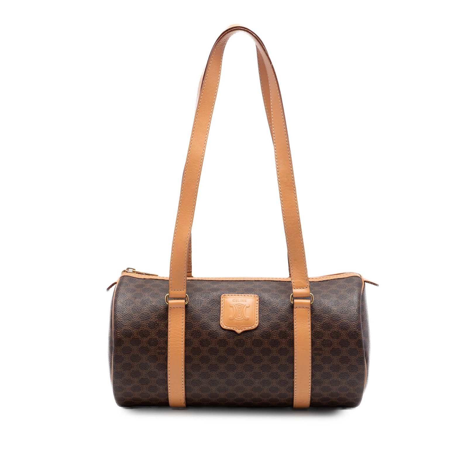 Celine Macadam Shoulder Bag in Brown Coated Canvas: Celine Macadam Shoulder Bag in Brown Coated Canvas Celine Macadam Coated Canvas Shoulder Bag in brown, made in Italy. It features a coated canvas body with leather trim, flat leather straps, and a top